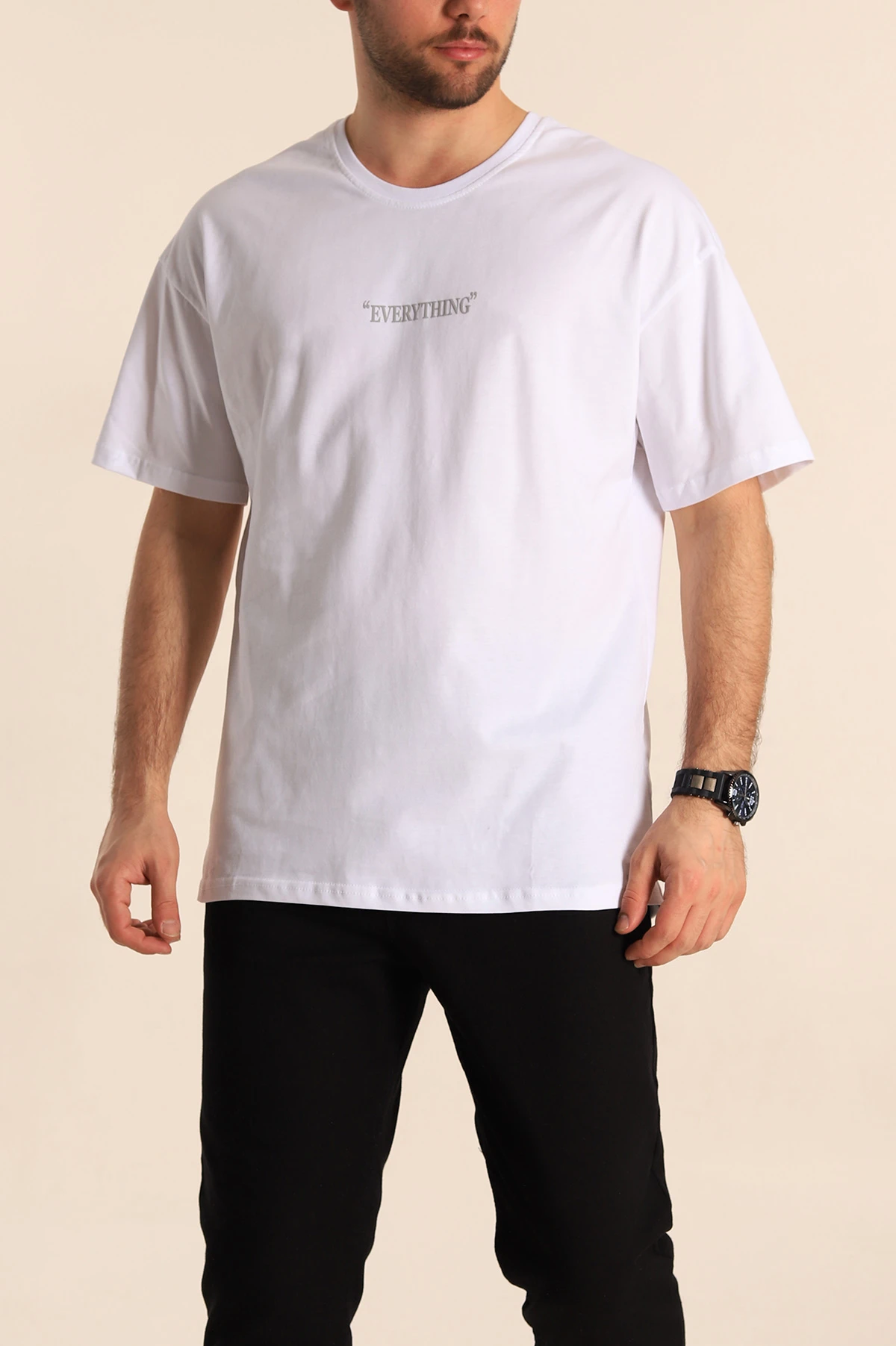 Beyaz Oversize Yazı Detay Erkek Tişört 247985