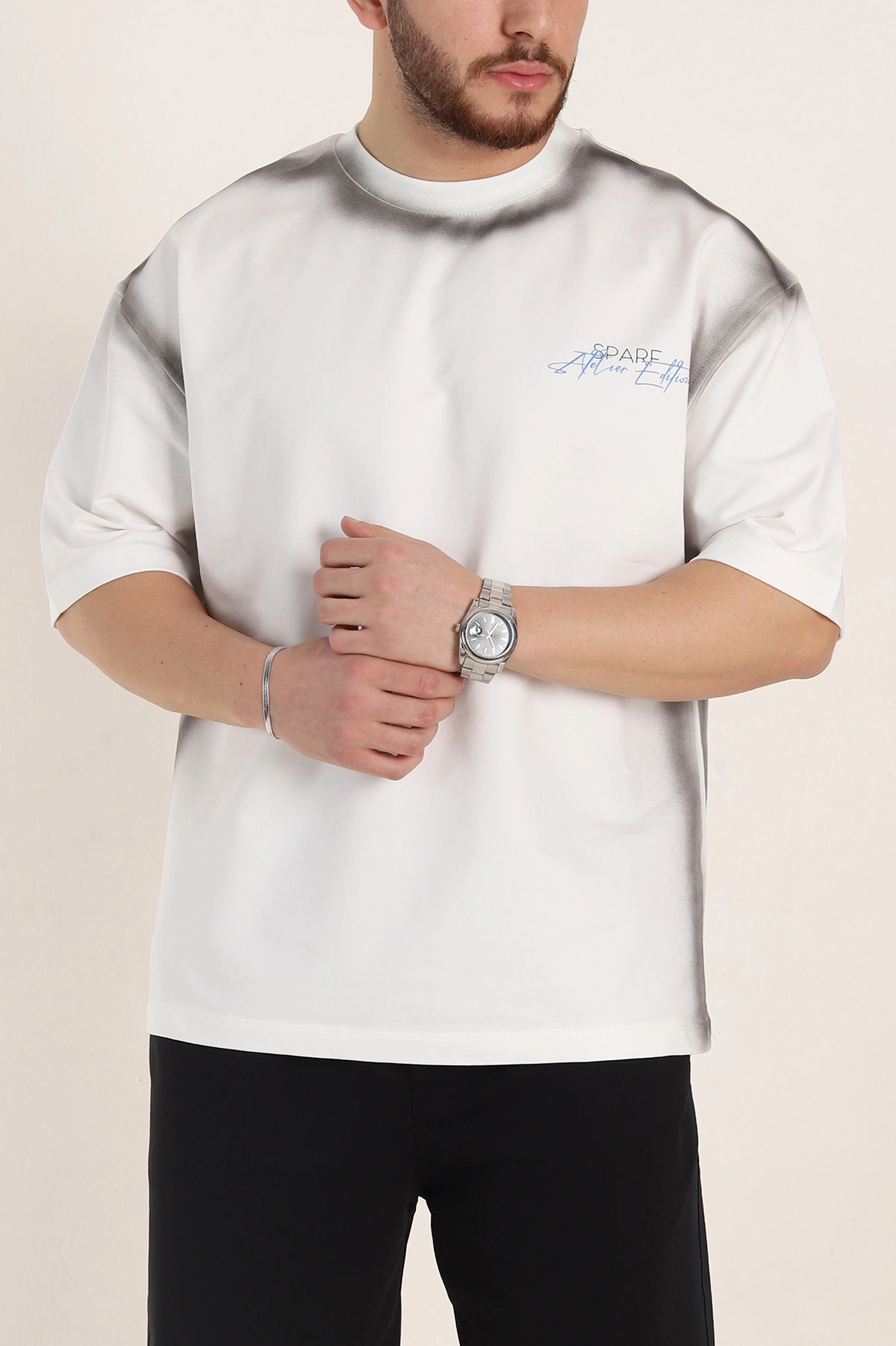 Beyaz Oversize Yazı Detaylı Yıkamalı Erkek Tişört 354076