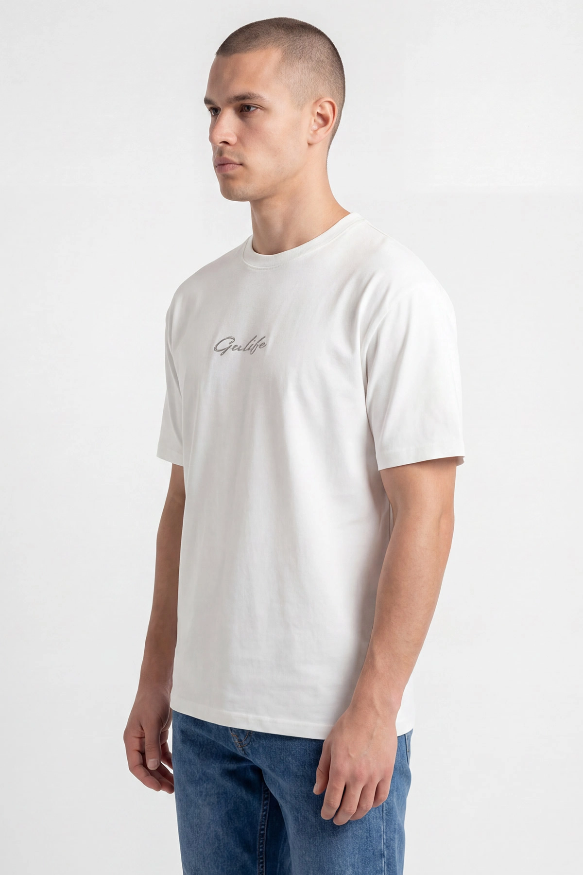 Beyaz Oversize Bisiklet Yaka Yazı Detaylı Erkek Tişört 454077