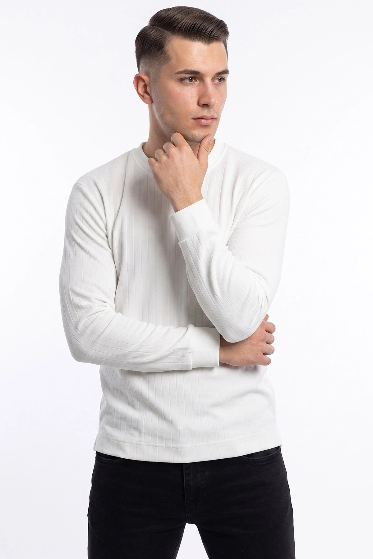 Beyaz Oysho Kumaş Çizgili Erkek Sweatshirt 482841