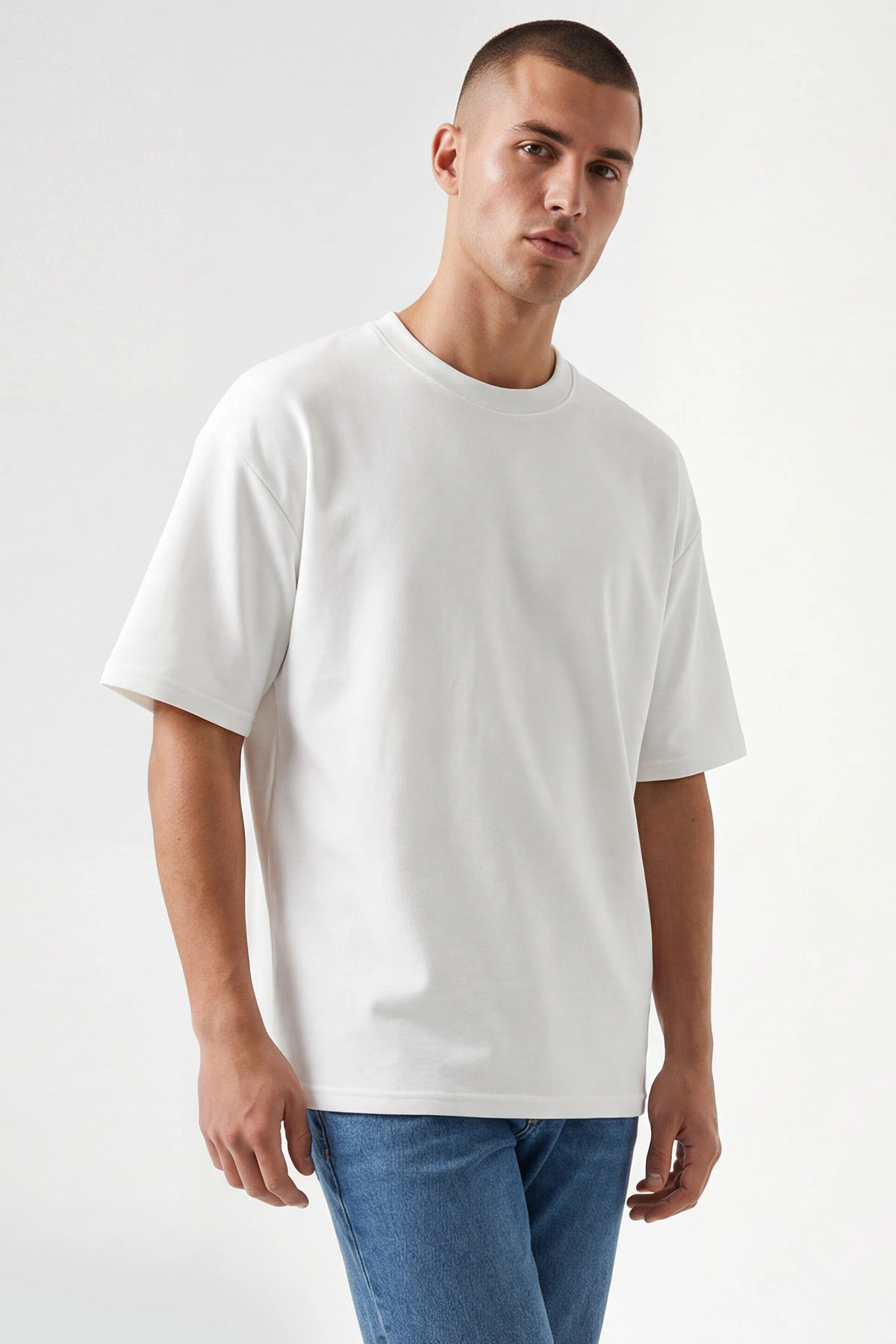 Beyaz Oysho Kumaş Oversize Bisiklet Yaka Erkek Tişört 438917