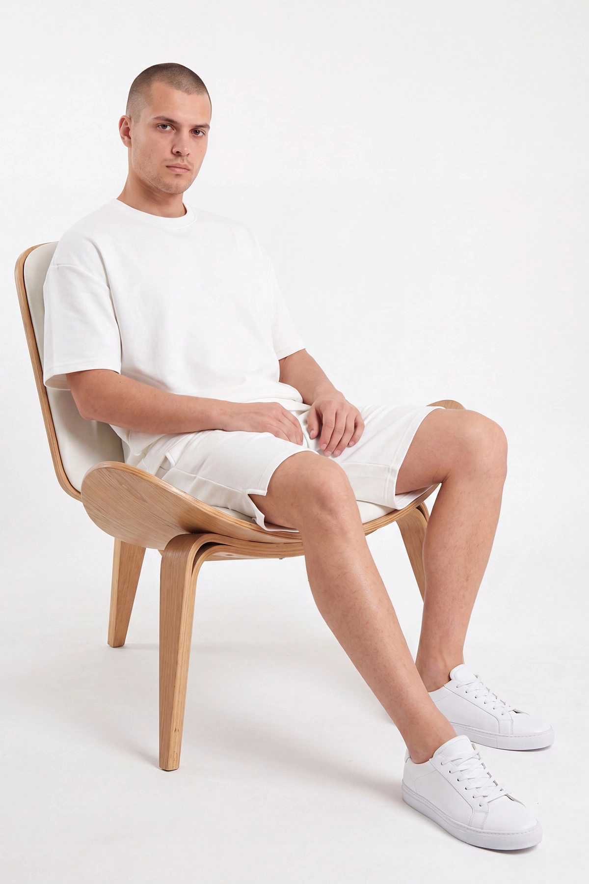 Beyaz Oysho Kumaş Oversize Erkek Şortlu Takım 467618