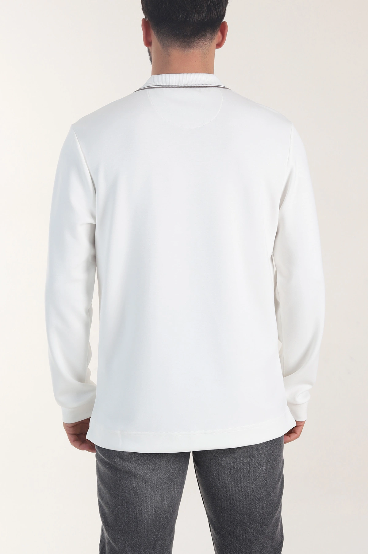 Beyaz Oysho Kumaş Polo Yaka Çıt Çıtlı Erkek Sweatshirt 406051
