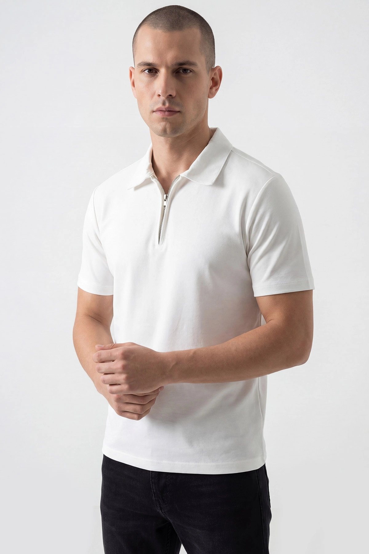 Beyaz Oysho Kumaş Polo Yaka Erkek Tişört 450522