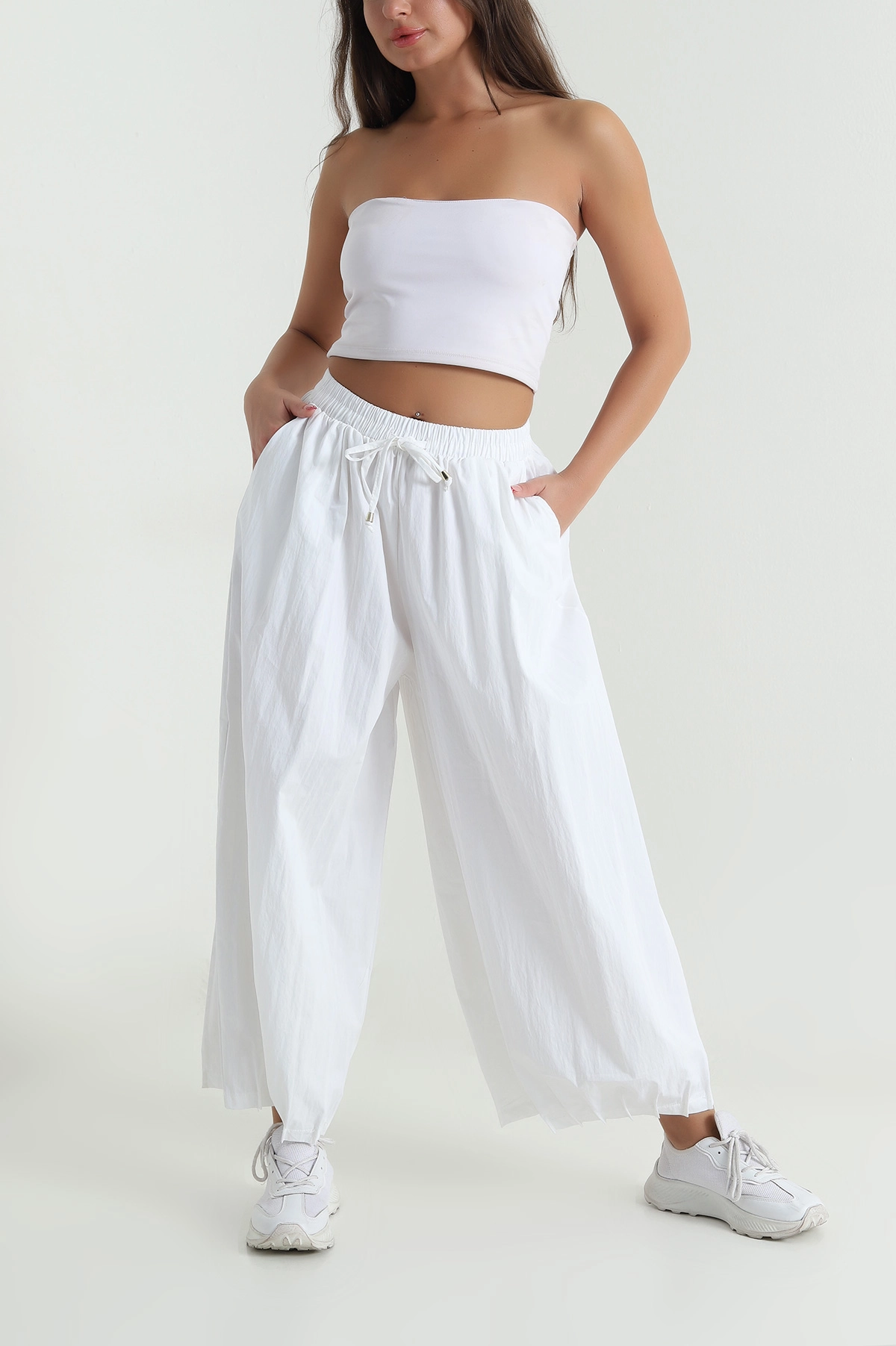 Beyaz Paça Pileli Baggy Kadın Pantolon 478812
