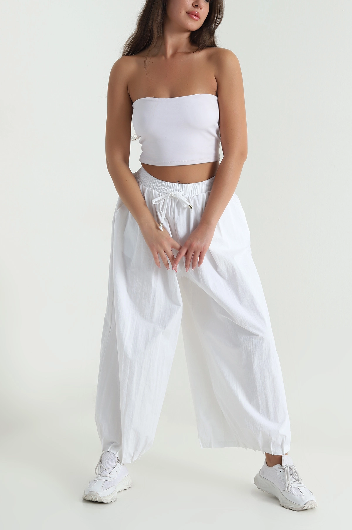 Beyaz Paça Pileli Baggy Kadın Pantolon 478812
