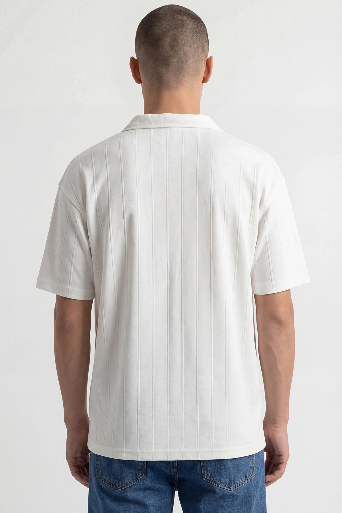 Beyaz Pike Kumaş Oversize  Polo Yaka Erkek Tişört 448949
