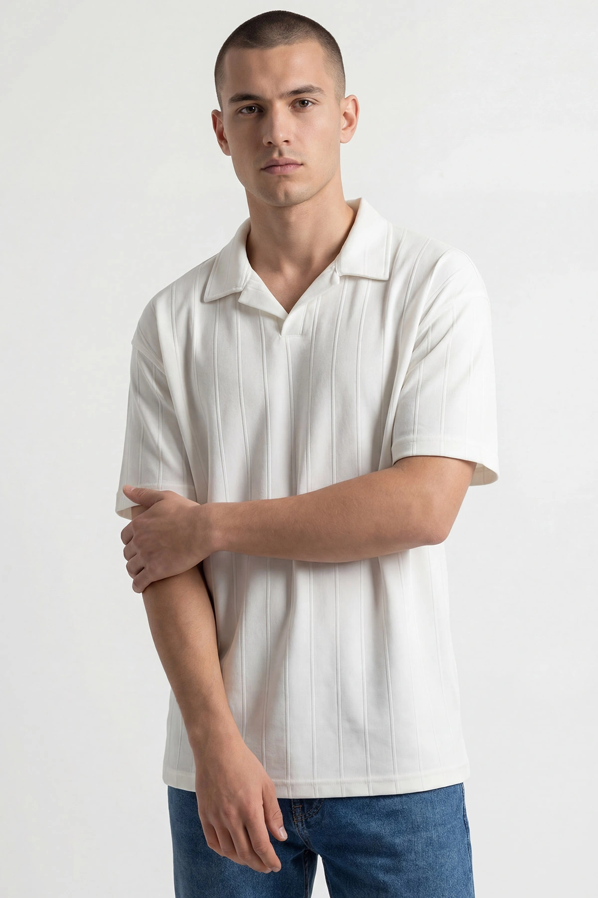 Beyaz Pike Kumaş Oversize  Polo Yaka Erkek Tişört 448949