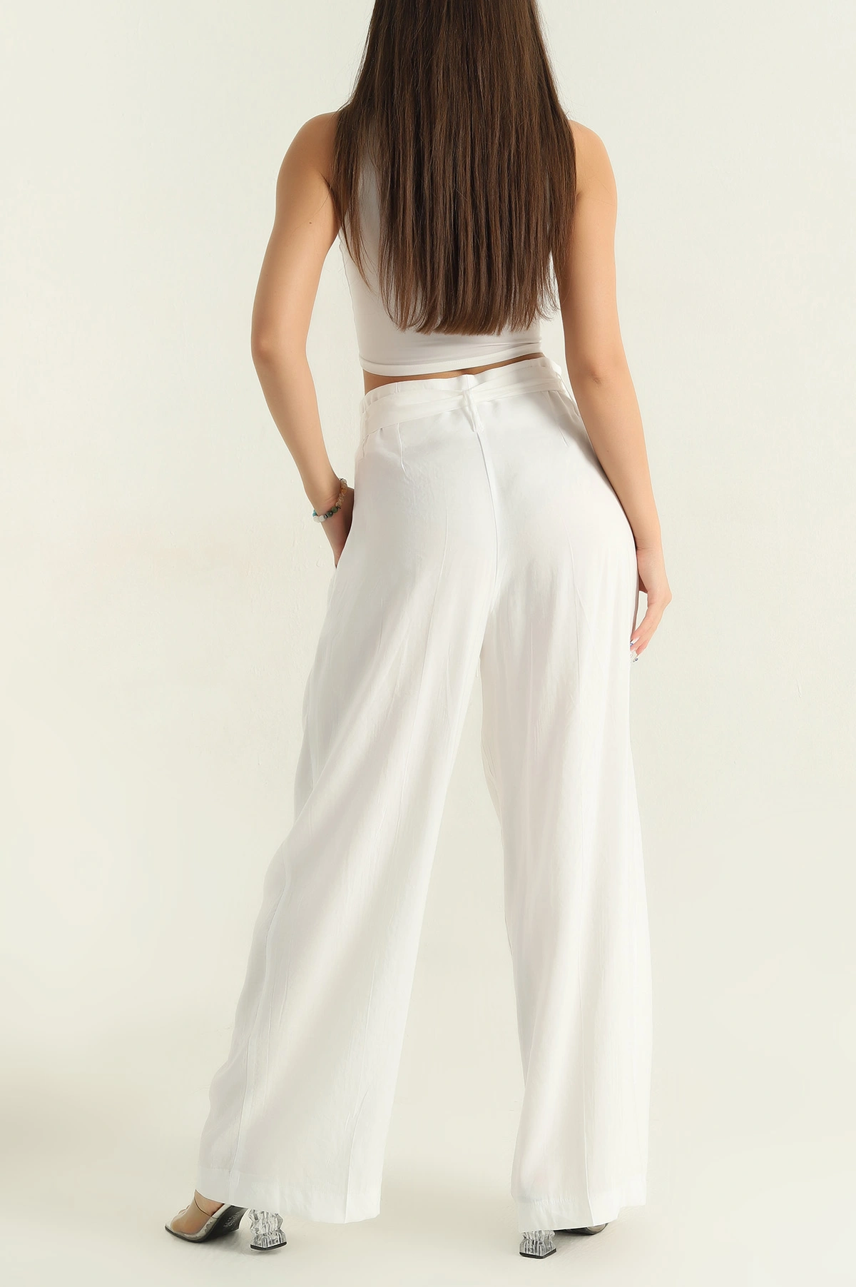 Beyaz Pilelil Geniş Paça Kadın Modal Pantolon 371773