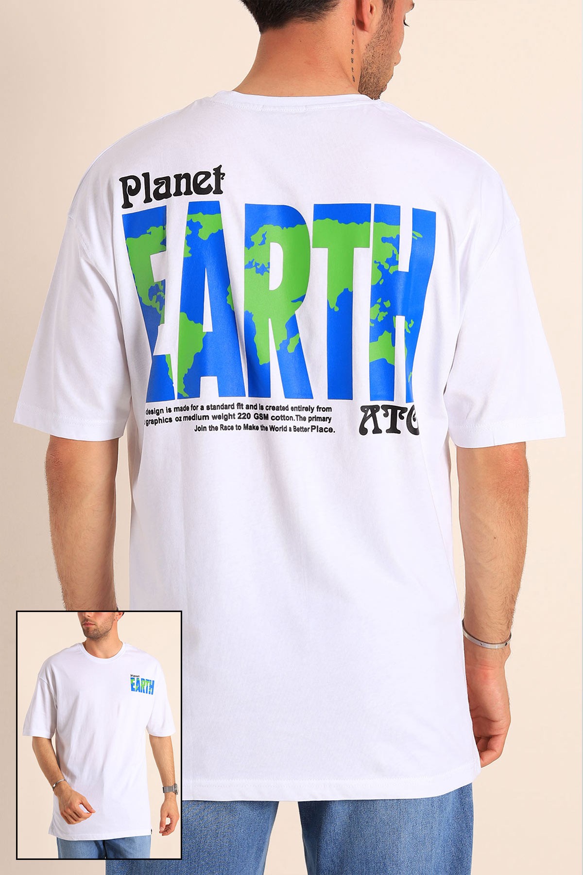Beyaz Planet Sırt Baskılı Oversize Erkek Tişört 186072