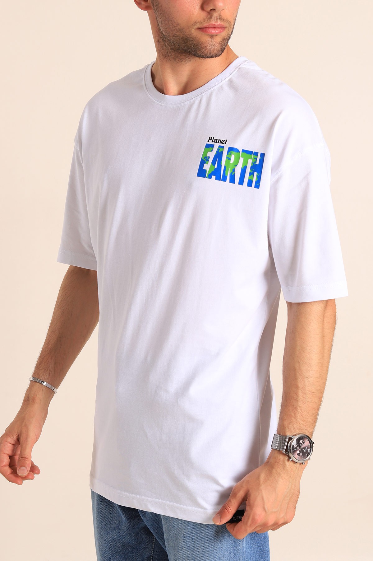 Beyaz Planet Sırt Baskılı Oversize Erkek Tişört 186072