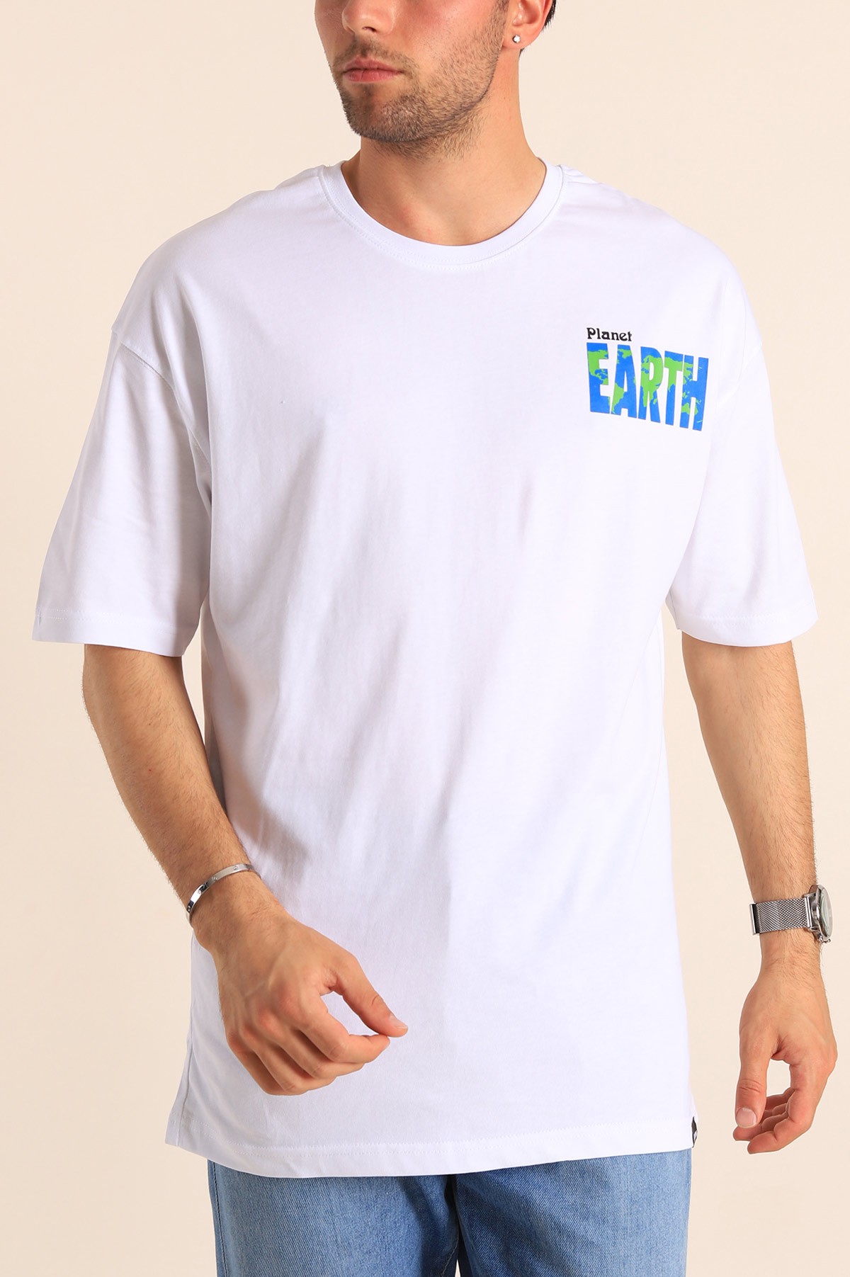 Beyaz Planet Sırt Baskılı Oversize Erkek Tişört 186072
