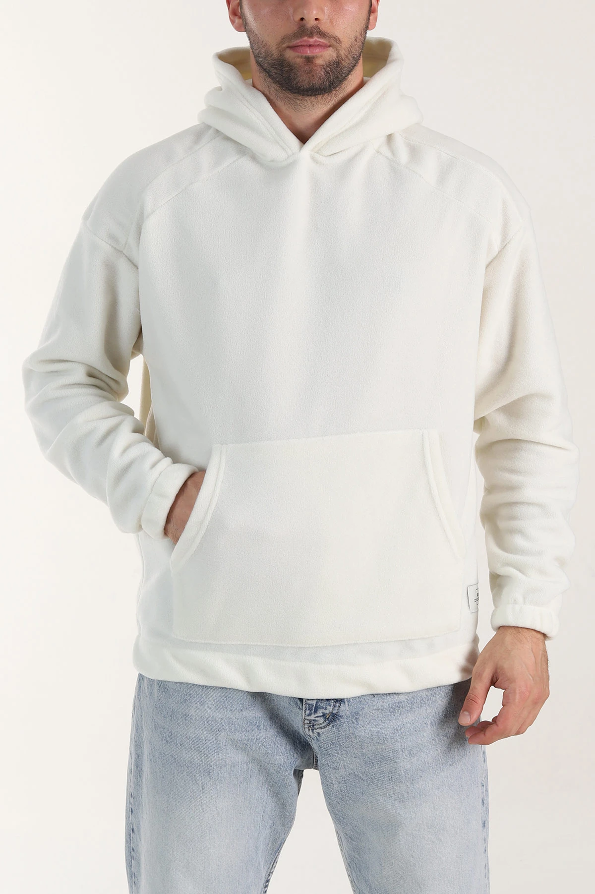 Beyaz Polar Kumaş Kapüşonlu Erkek Sweatshirt 408510
