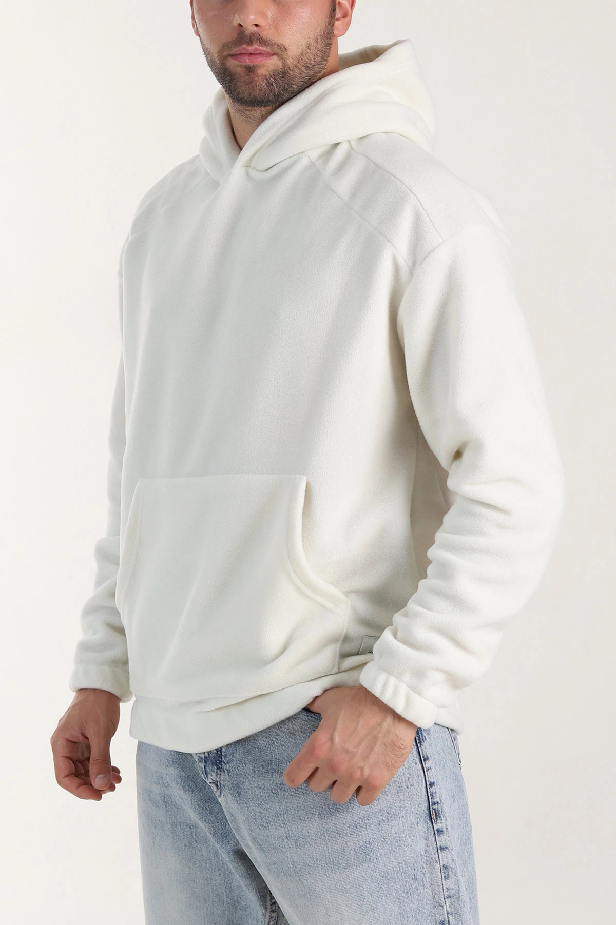 Beyaz Polar Kumaş Kapüşonlu Erkek Sweatshirt 408510