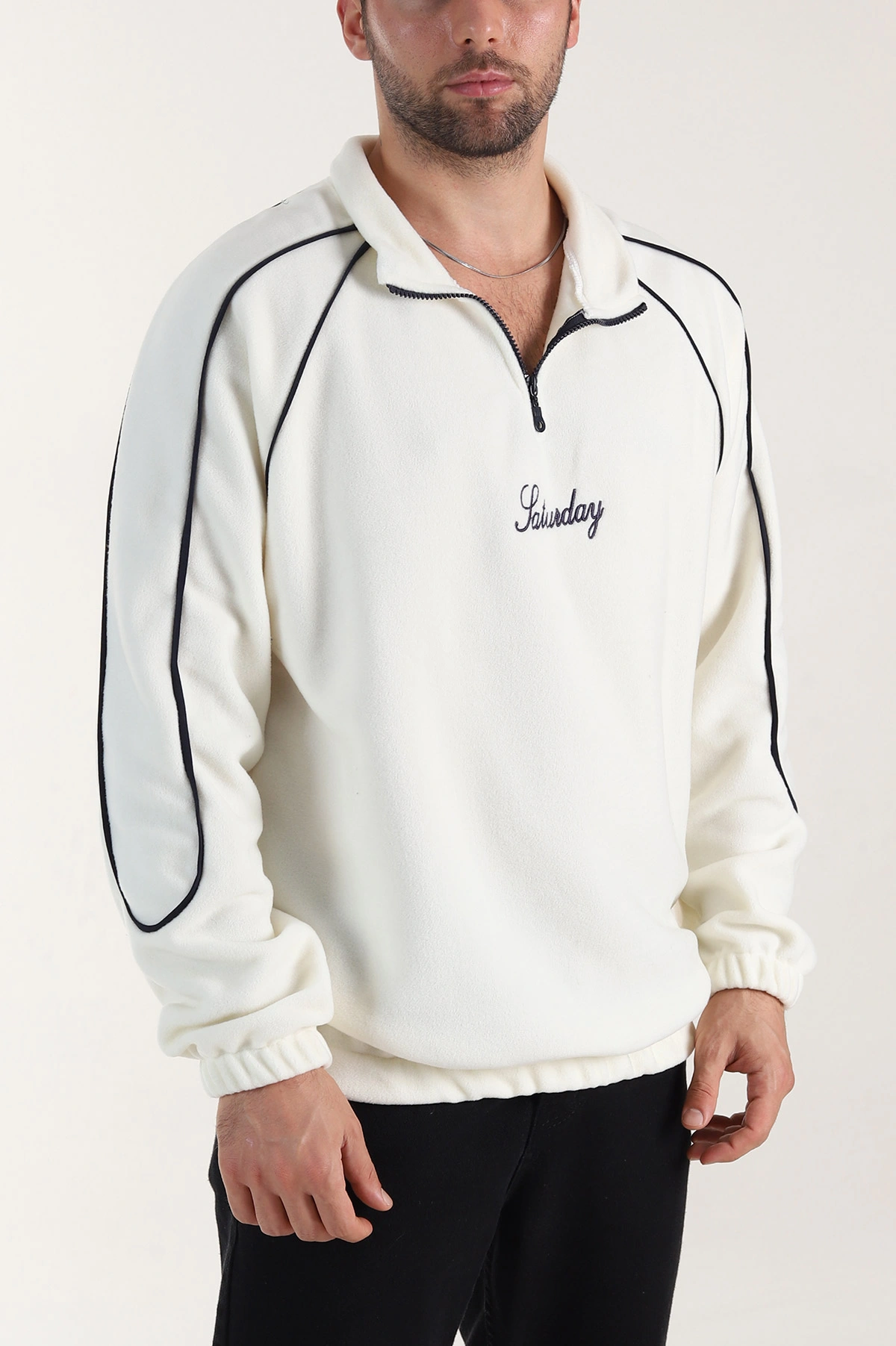 Beyaz Polar Kumaş Yarım Fermuarlı Yazı Detaylı Erkek Sweatshirt 408553