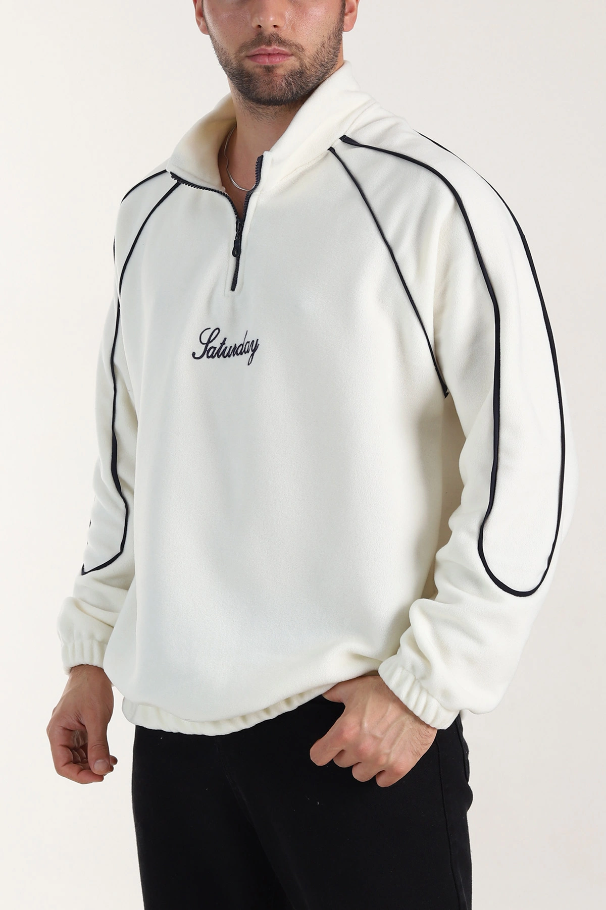 Beyaz Polar Kumaş Yarım Fermuarlı Yazı Detaylı Erkek Sweatshirt 408553