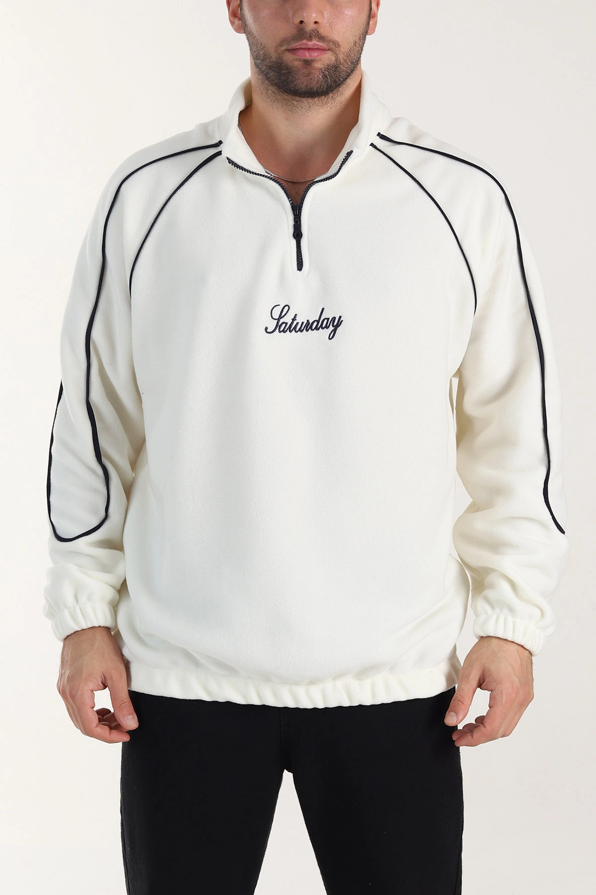Beyaz Polar Kumaş Yarım Fermuarlı Yazı Detaylı Erkek Sweatshirt 408553
