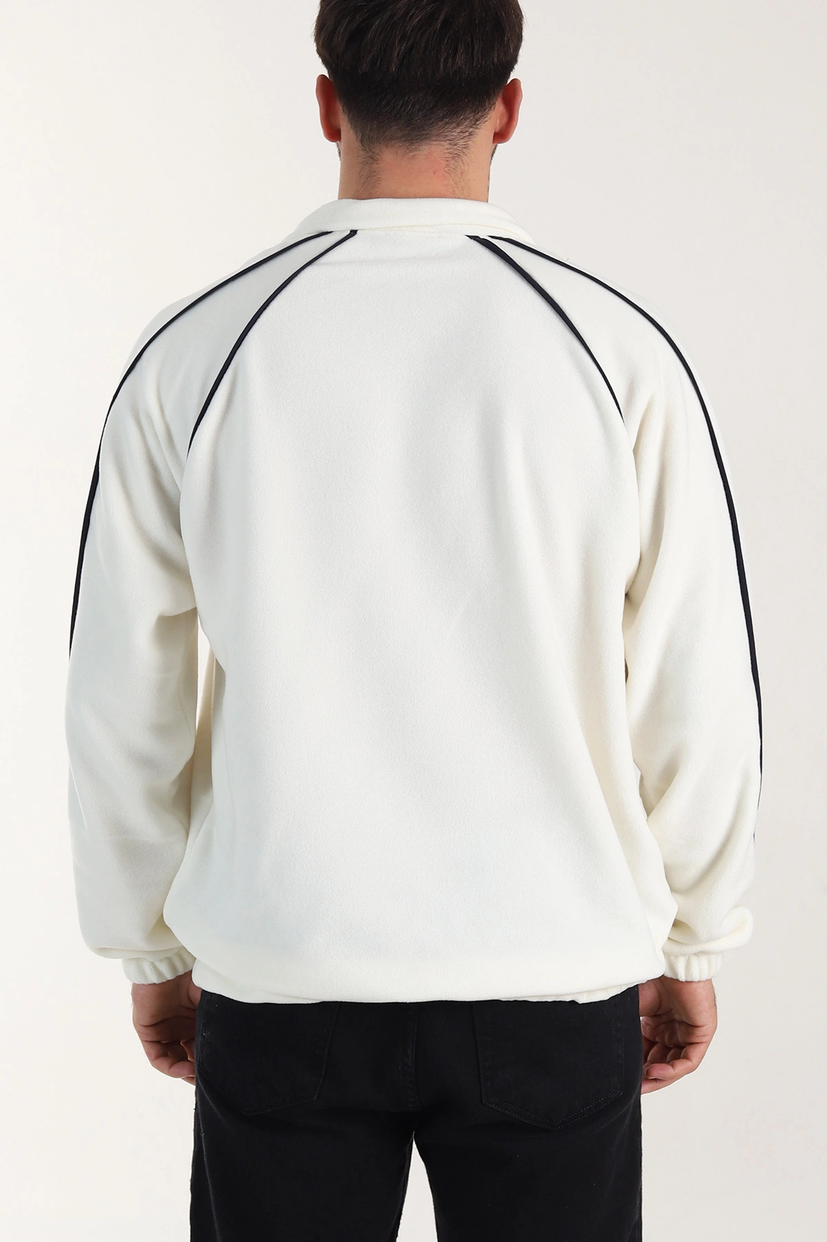 Beyaz Polar Kumaş Yarım Fermuarlı Yazı Detaylı Erkek Sweatshirt 408553