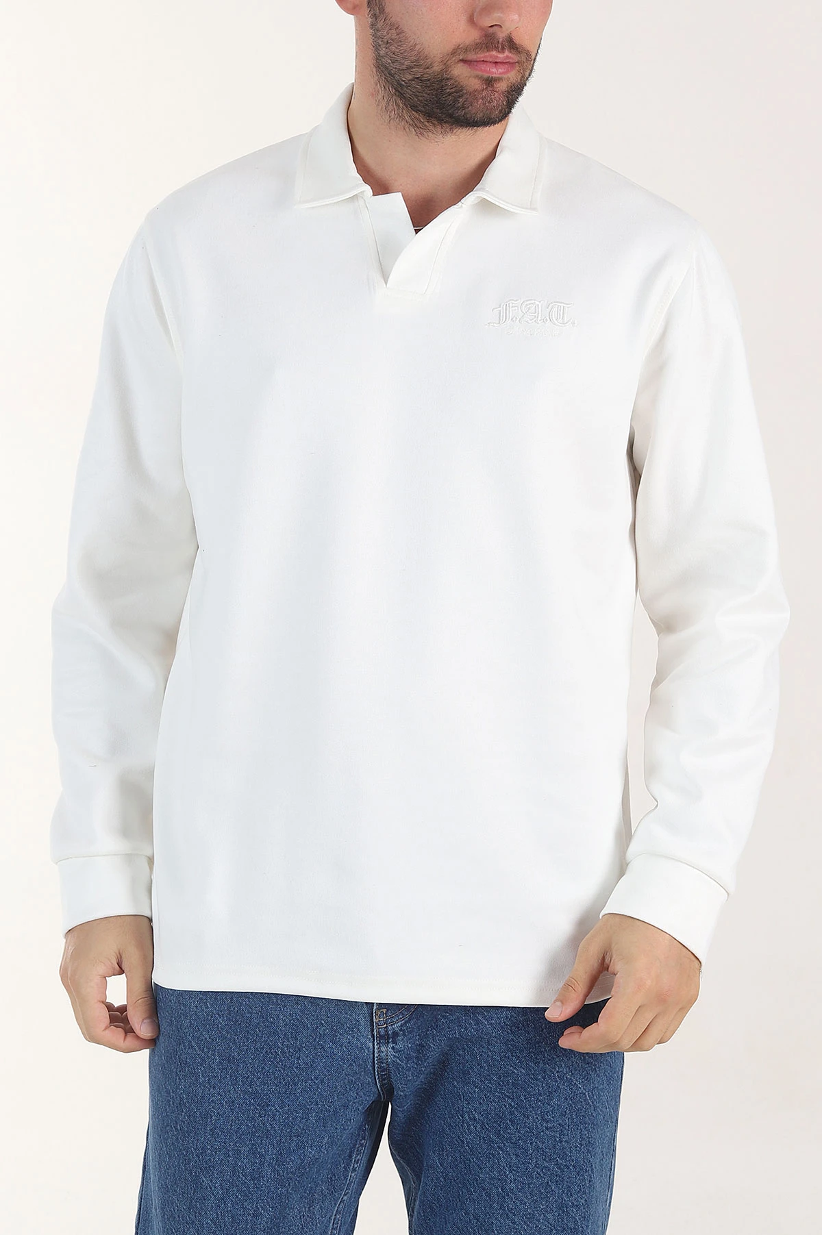 Beyaz Polo Yaka Düğmeli Nakış Detaylı Erkek Sweatshirt 404866