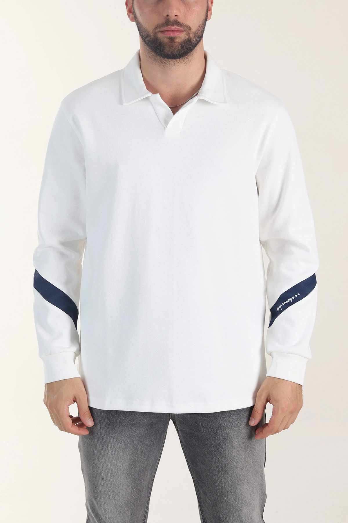 Beyaz Polo Yaka Erkek Sweatshirt 406885