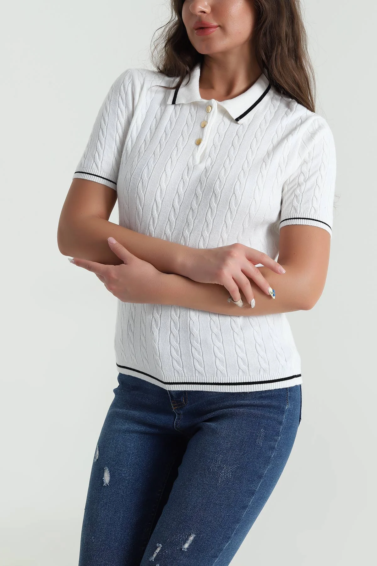 Beyaz Polo Yaka Kadın Triko Bluz 484254