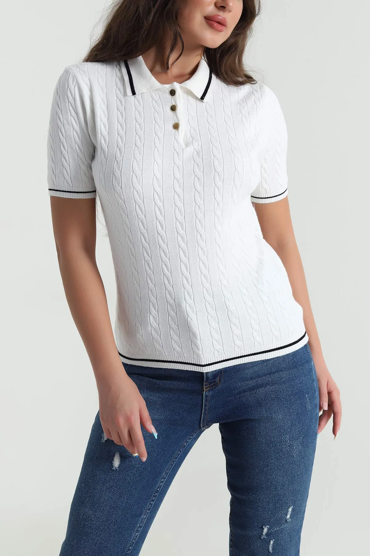 Beyaz Polo Yaka Kadın Triko Bluz 484254