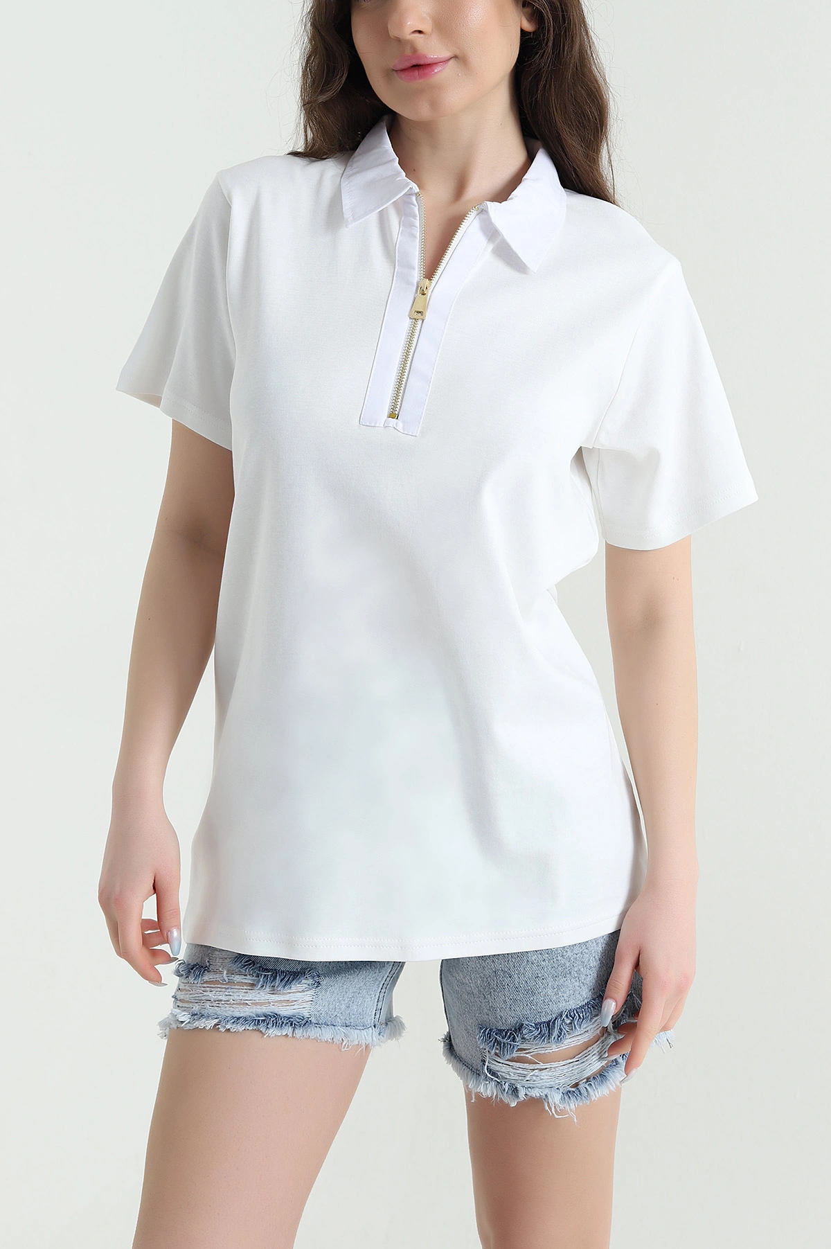 Beyaz Polo Yaka Kristal Kadın Bluz 449064