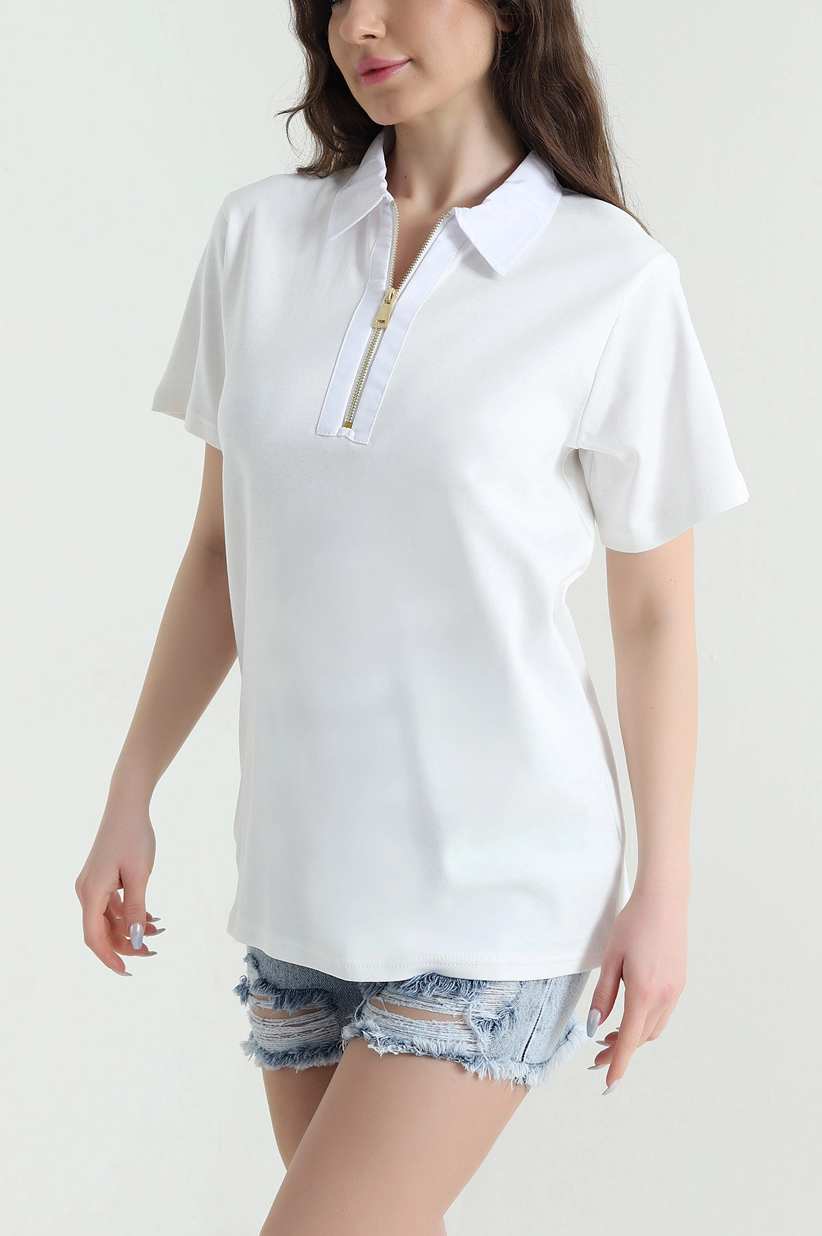 Beyaz Polo Yaka Kristal Kadın Bluz 449064