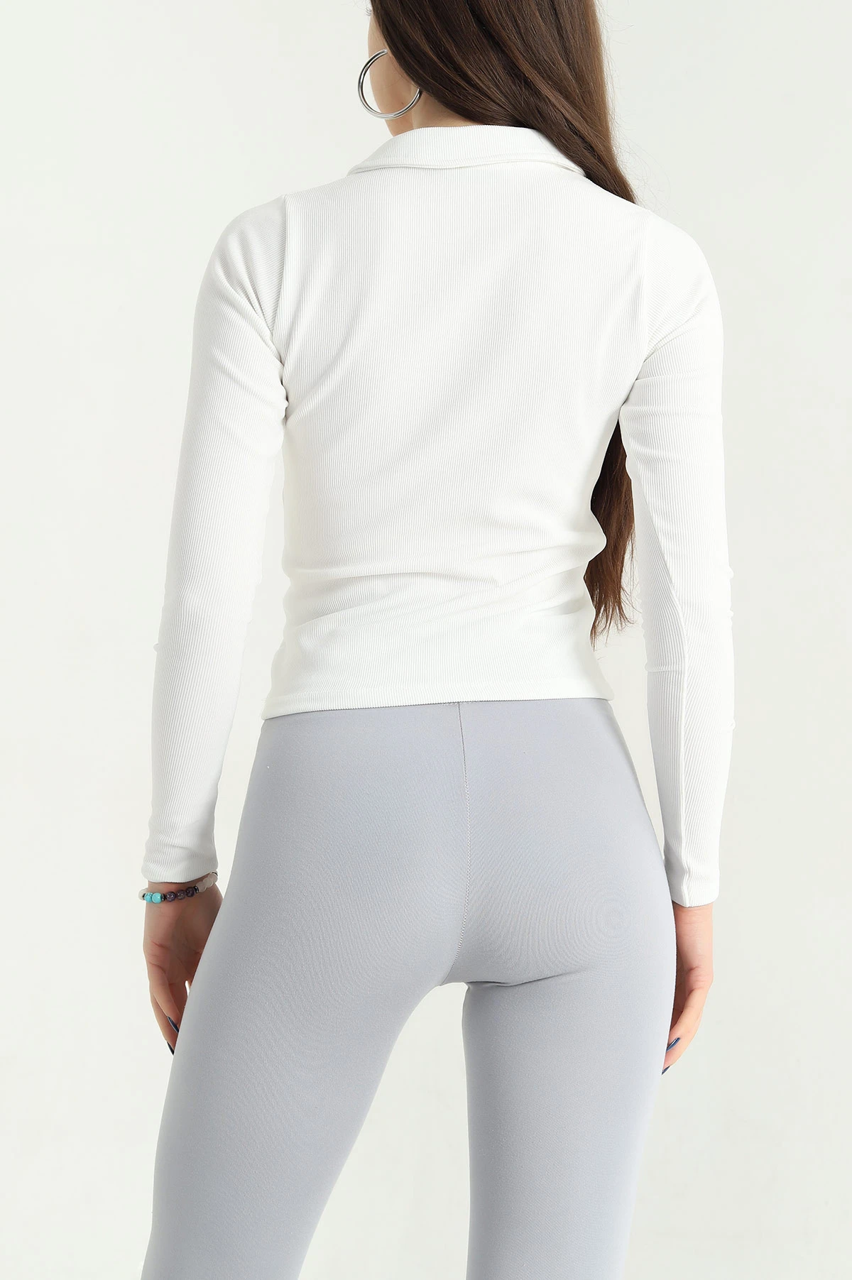 Beyaz Polo Yaka Ottoman Bayan Sweat 337869