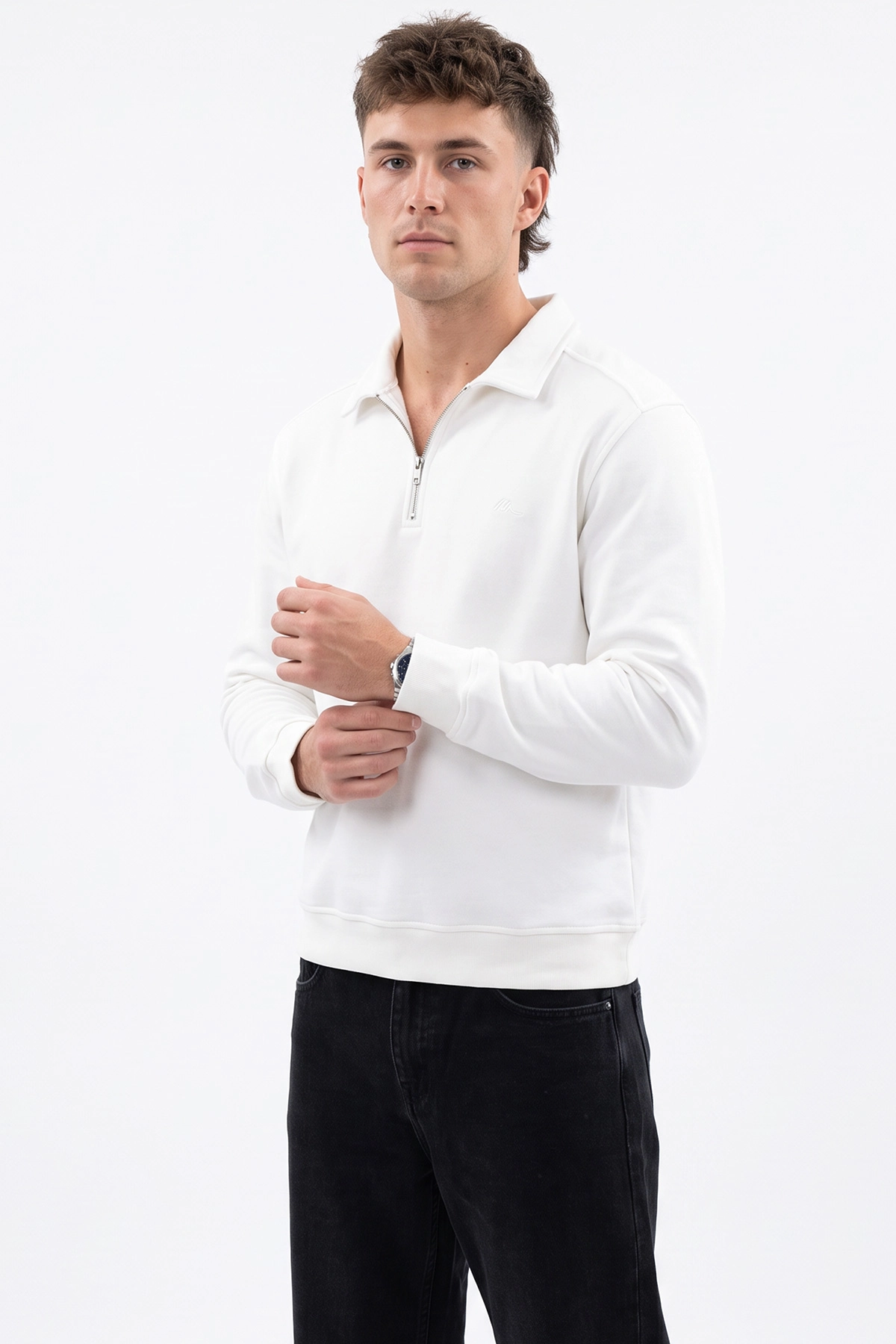Beyaz Polo Yaka Yarım Fermuarlı Erkek Sweatshirt 499391