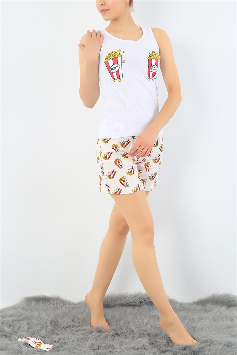 Beyaz Pop Corn Baskılı Pijama Takımı 32721