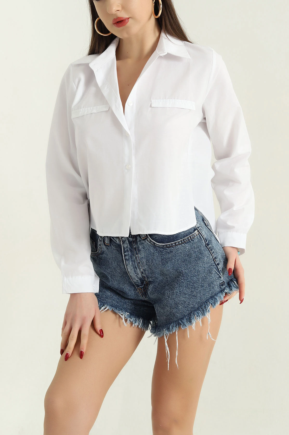 Beyaz Poplin Bayan Crop Gömlek 336965