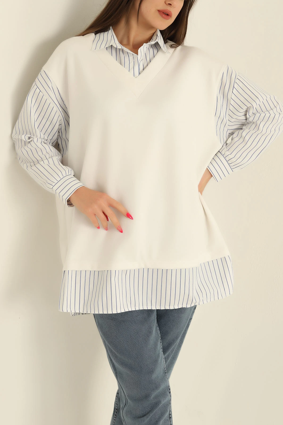 Beyaz Poplin Garnili Modal Tunik 276284