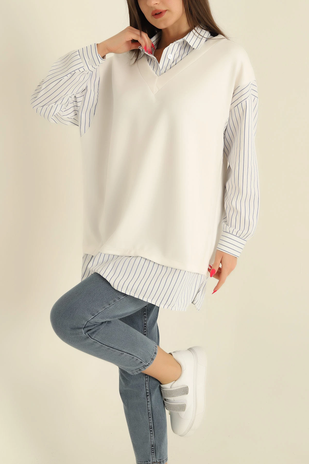 Beyaz Poplin Garnili Modal Tunik 276284
