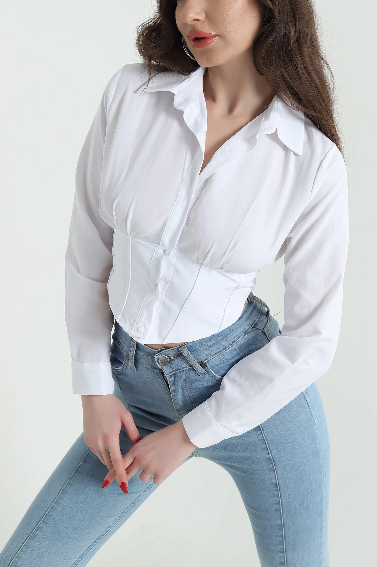 Beyaz Poplin Kadın Korse Gömlek 441657