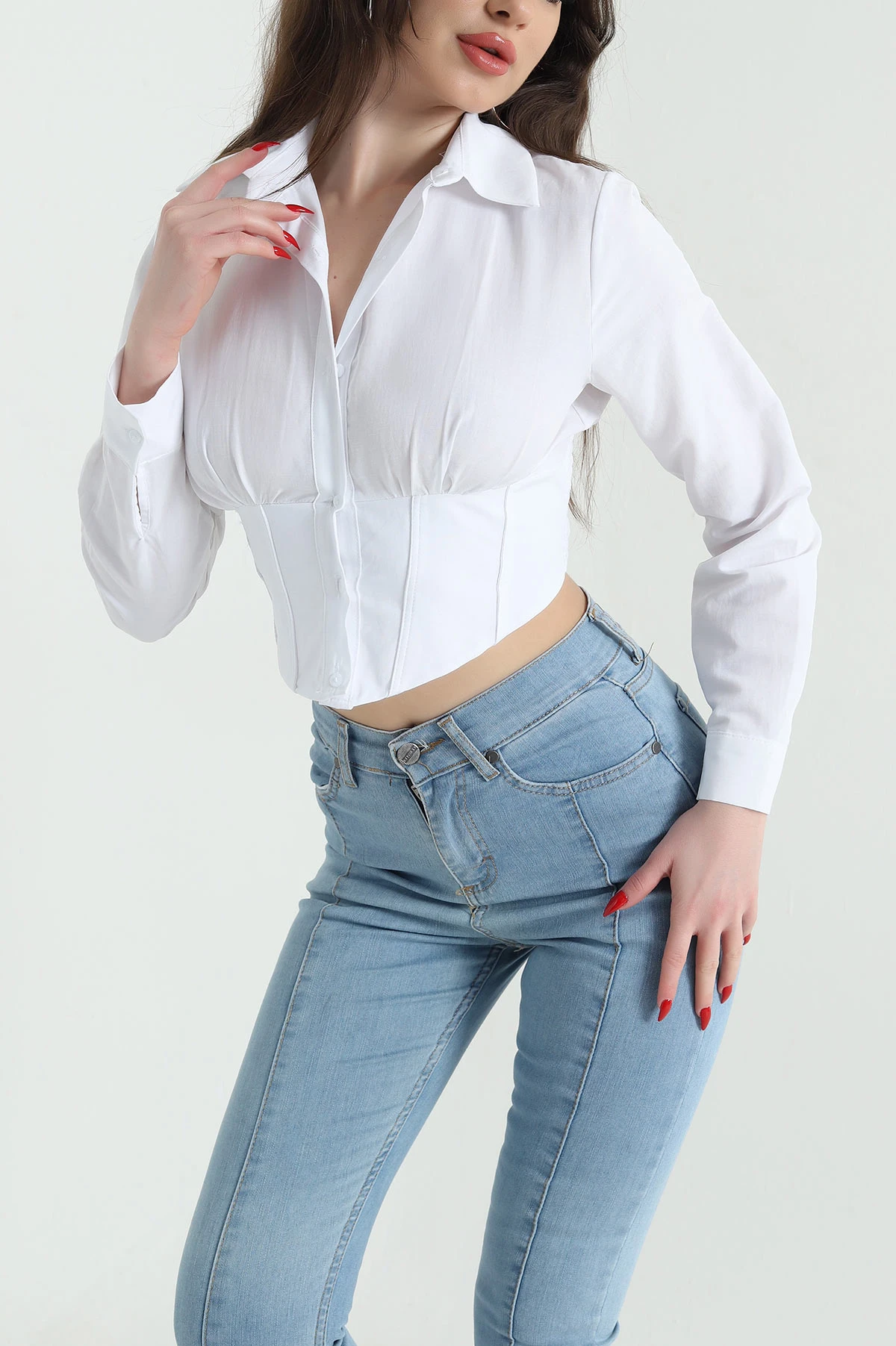 Beyaz Poplin Kadın Korse Gömlek 441657