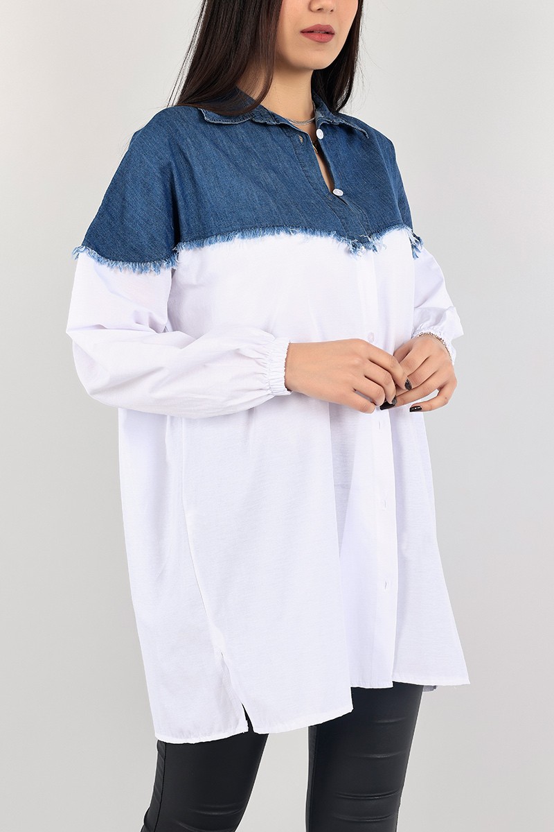 Beyaz Poplin Kot Eklemeli Gömlek Tunik 104286
