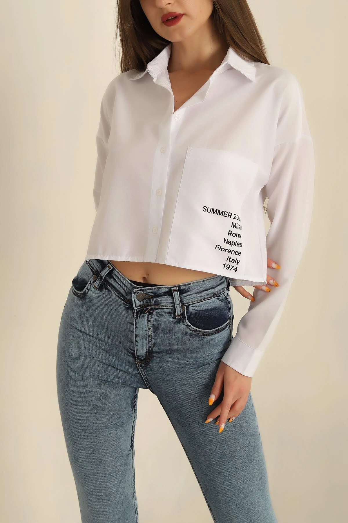 Beyaz Poplin Kumaş Crop Bayan Gömlek 264509
