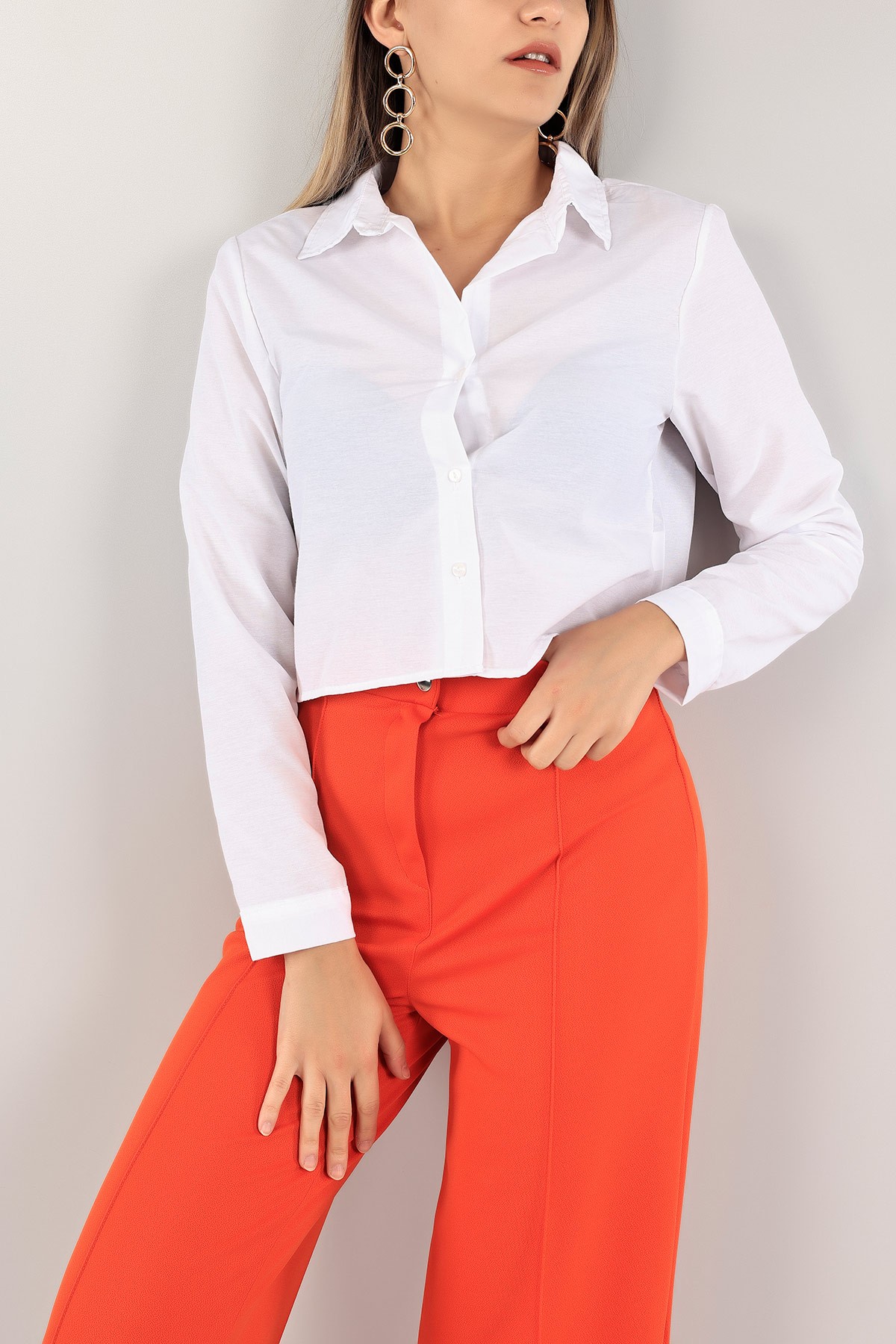 Beyaz Poplin Kumaş Crop Gömlek 118864