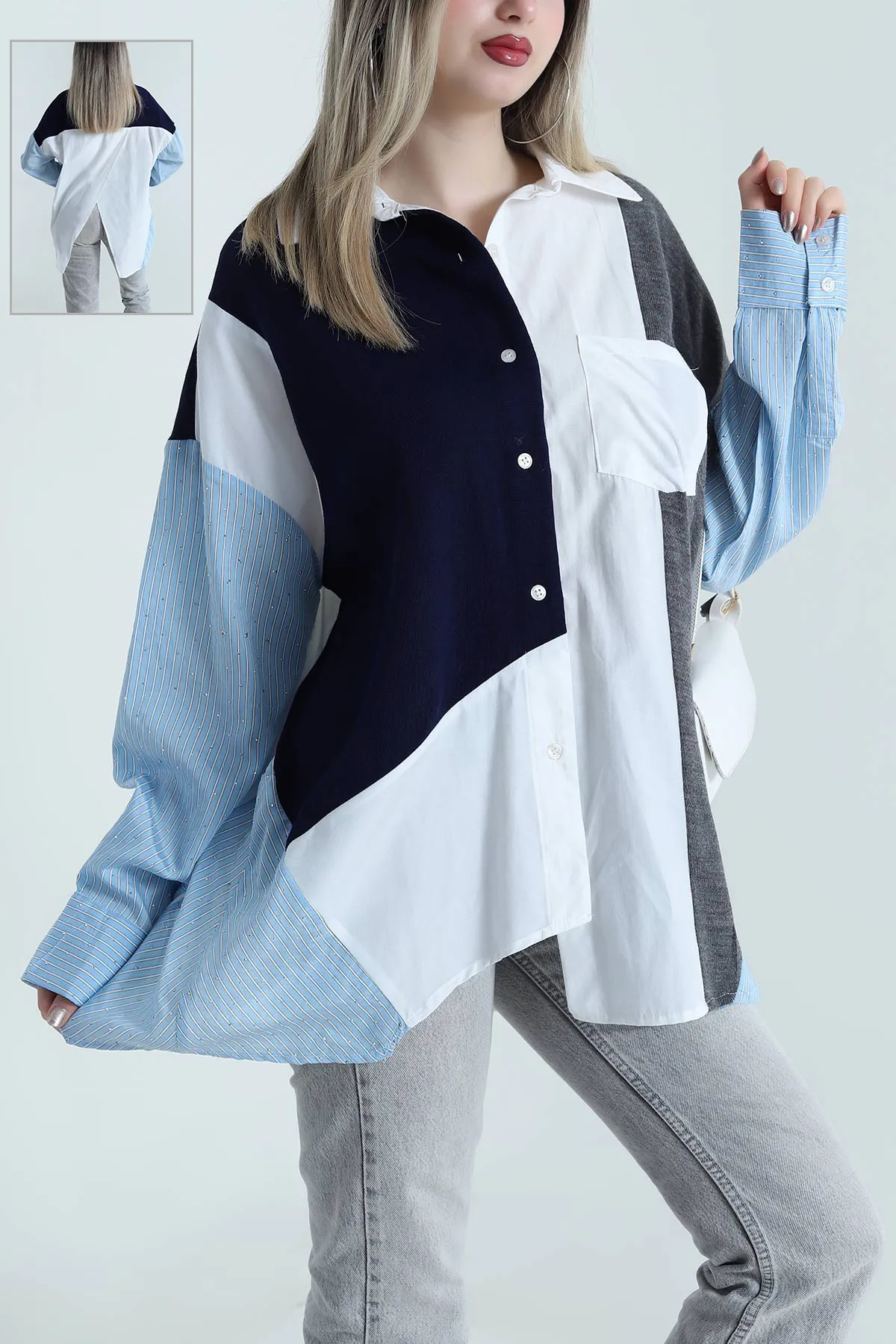 Beyaz Poplin Triko Garnili Kadın Gömlek Tunik 489150