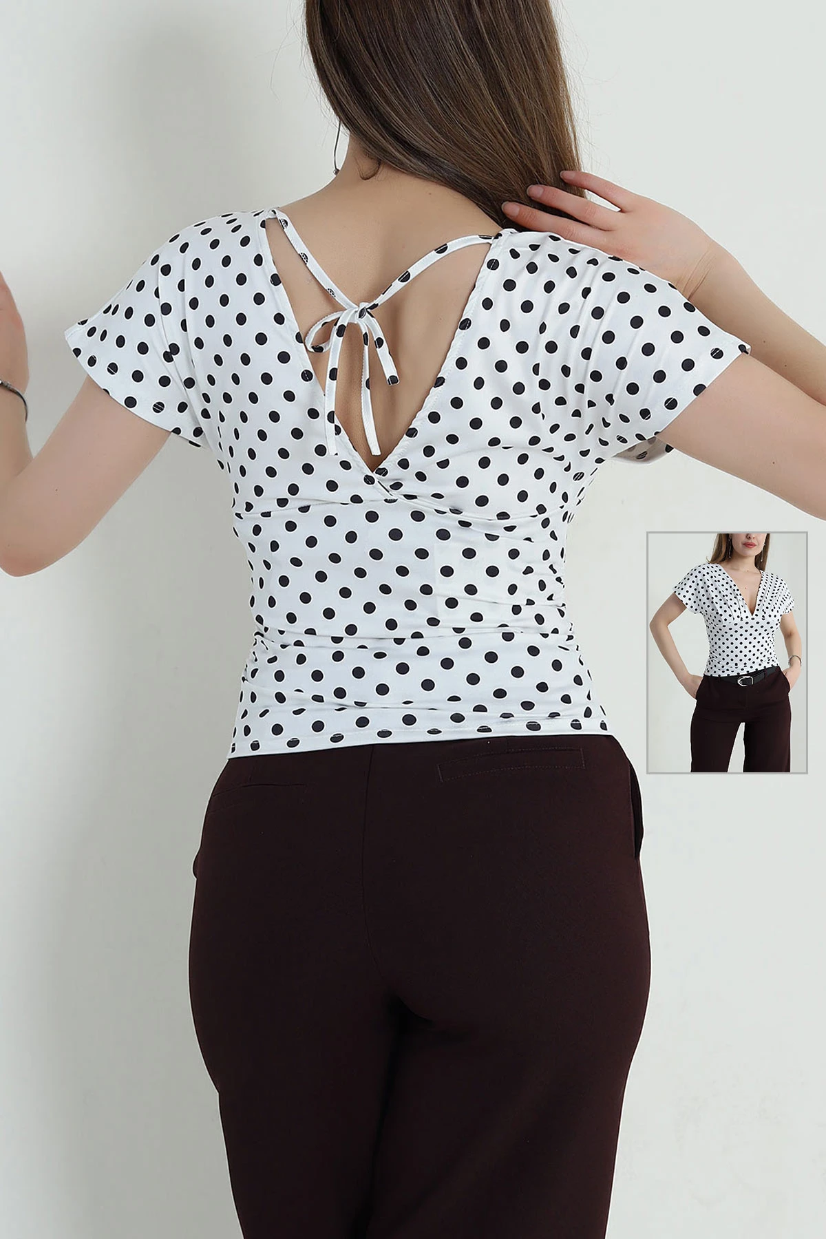 Beyaz Puantiyeli Bağlamalı Sandy Kadın Bluz 457093