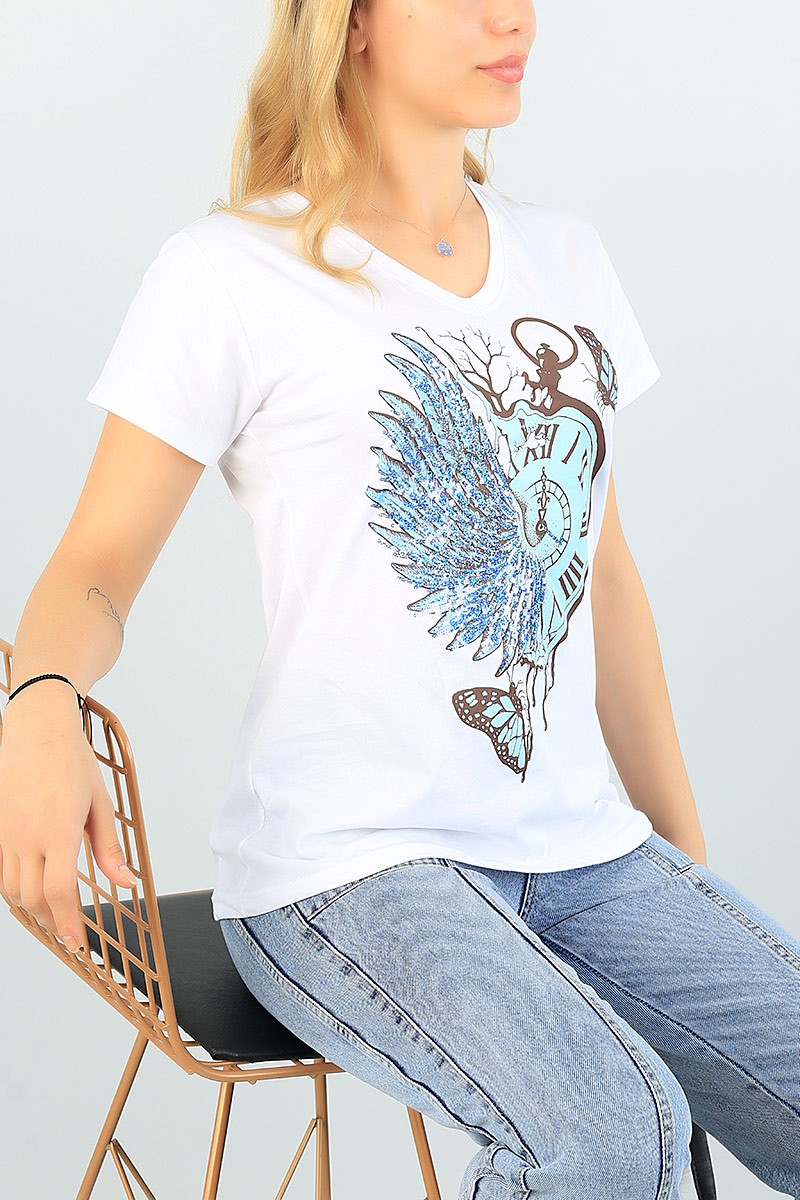 Beyaz Pul İşlemeli Bayan Tişört 64482