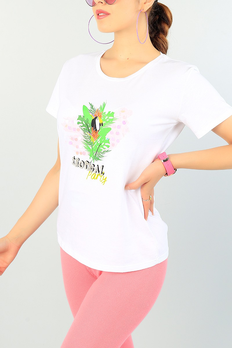 Beyaz Pul ve Taş İşlemeli Bayan Tişört 71756