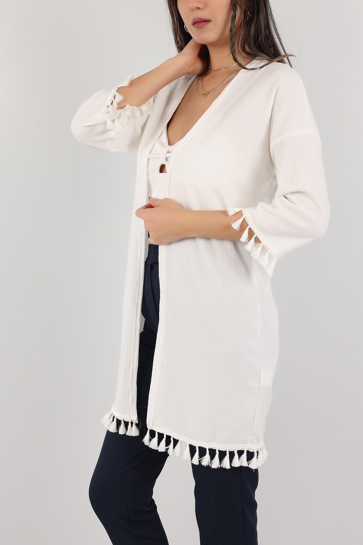 Beyaz Püskül Tasarım Krinkıl Kimono Hırka 150534