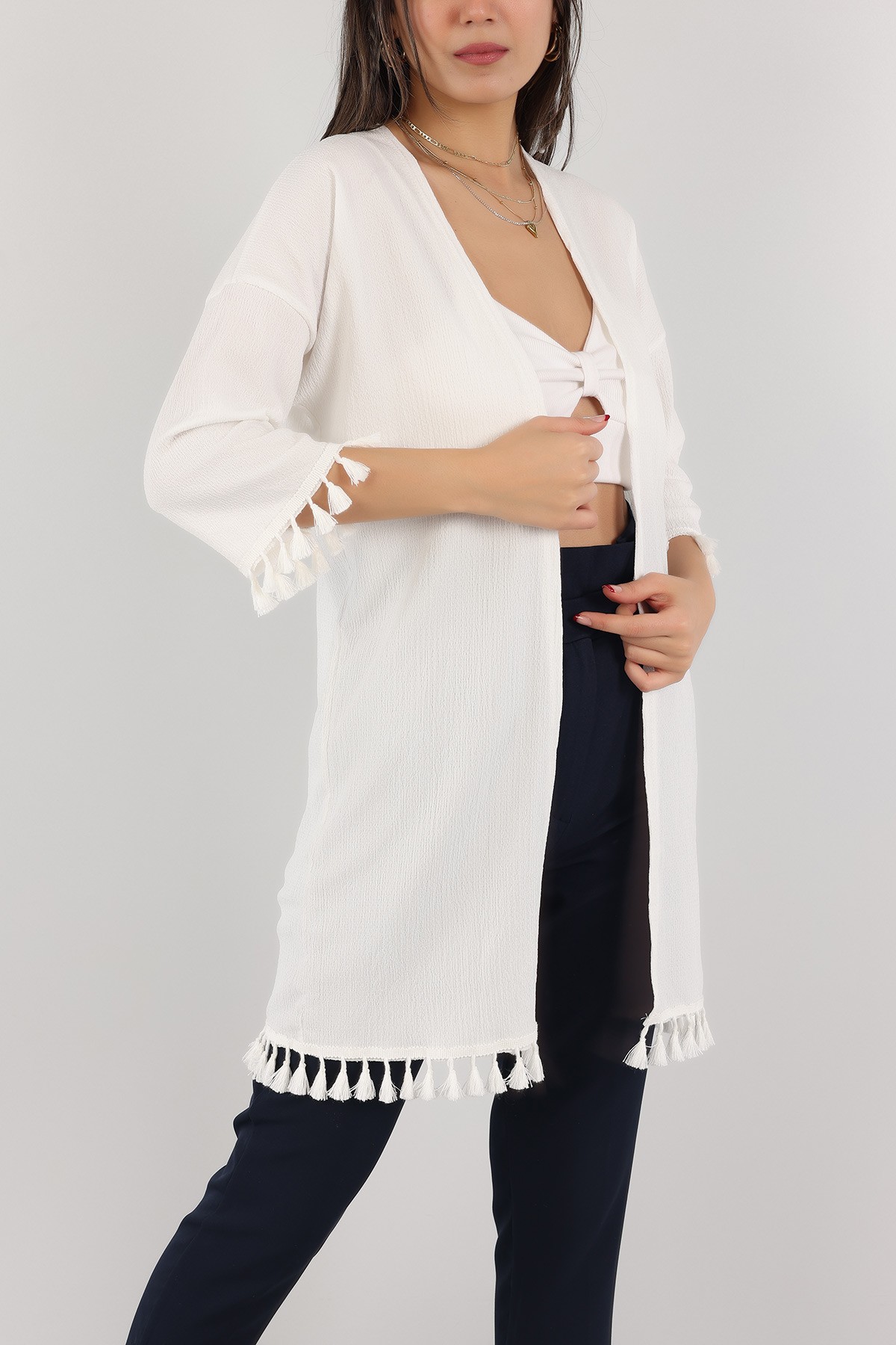 Beyaz Püskül Tasarım Krinkıl Kimono Hırka 150534