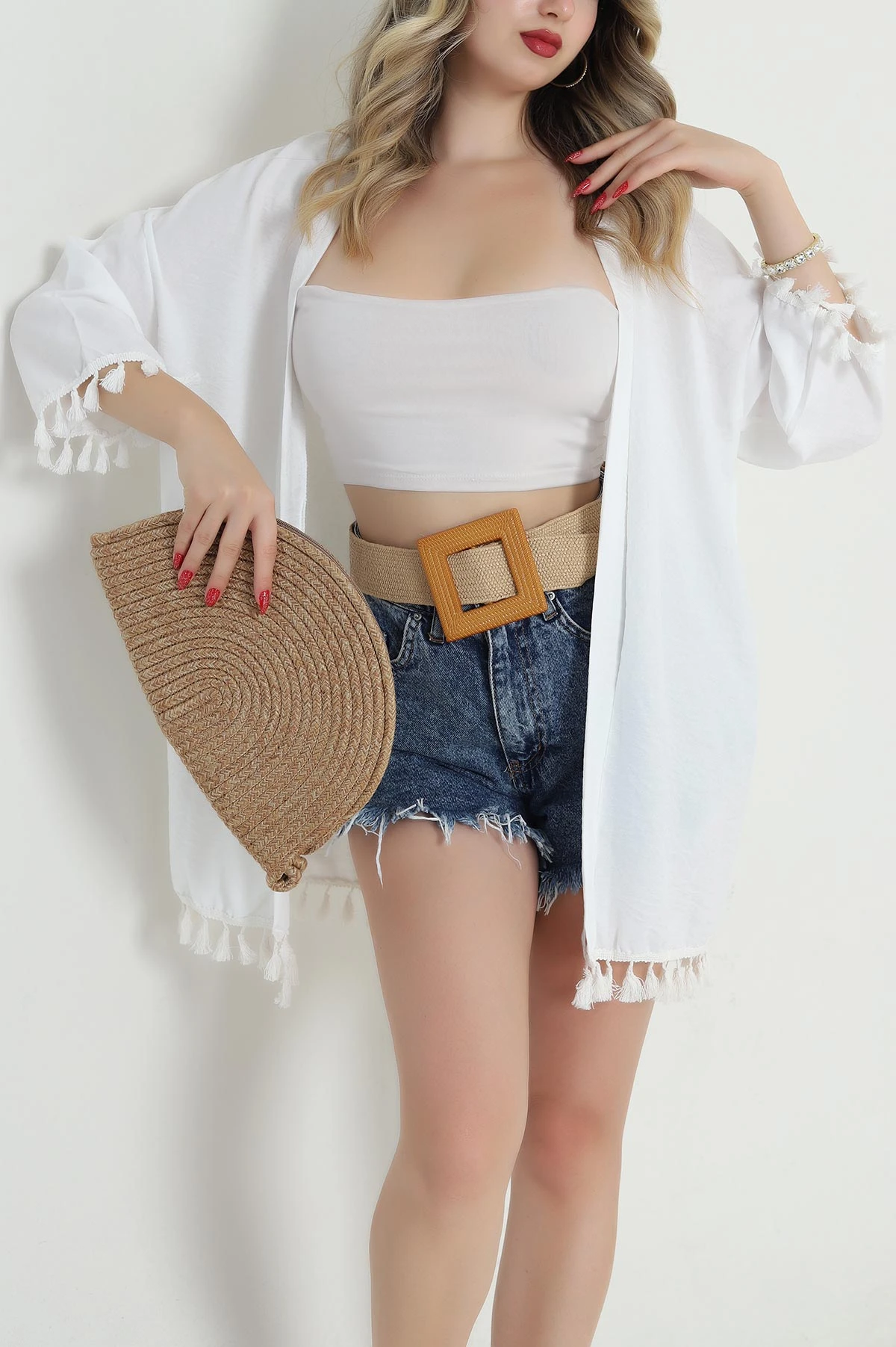 Beyaz Püsküllü Keten Kadın Kimono 481643