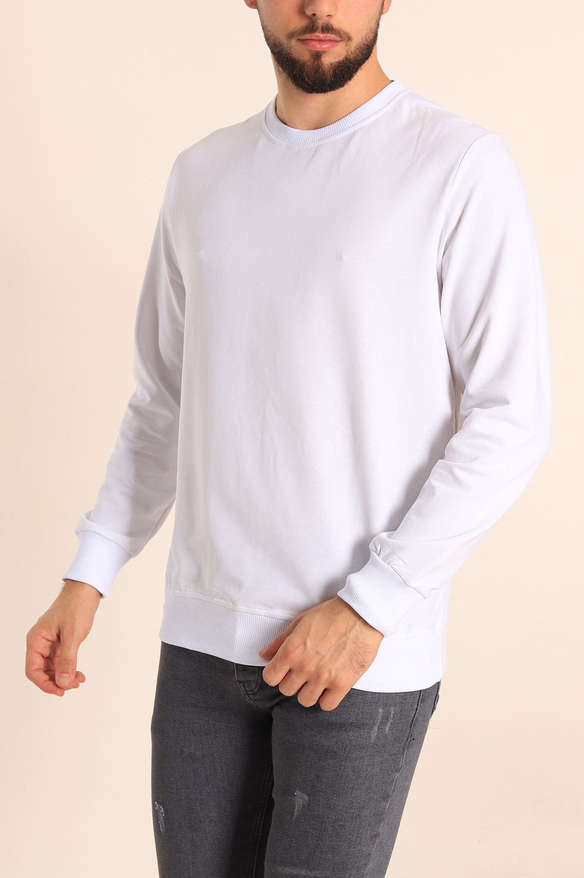 Beyaz Regular Fit Basic Bisiklet Yaka Erkek Sweatshirt 217620