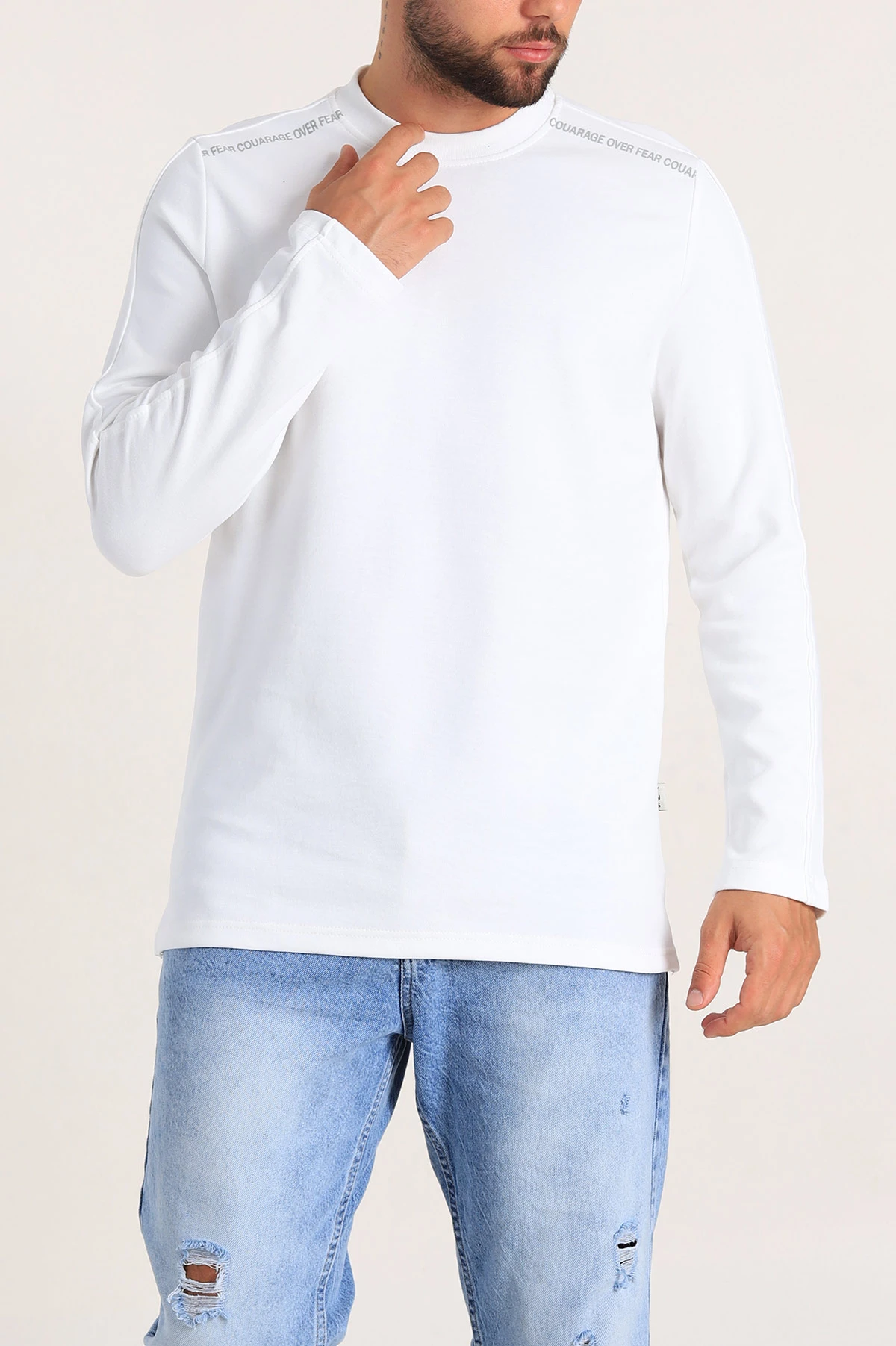 Beyaz Regular Fit Baskı Detay Erkek Basic Sweatshirt 305716