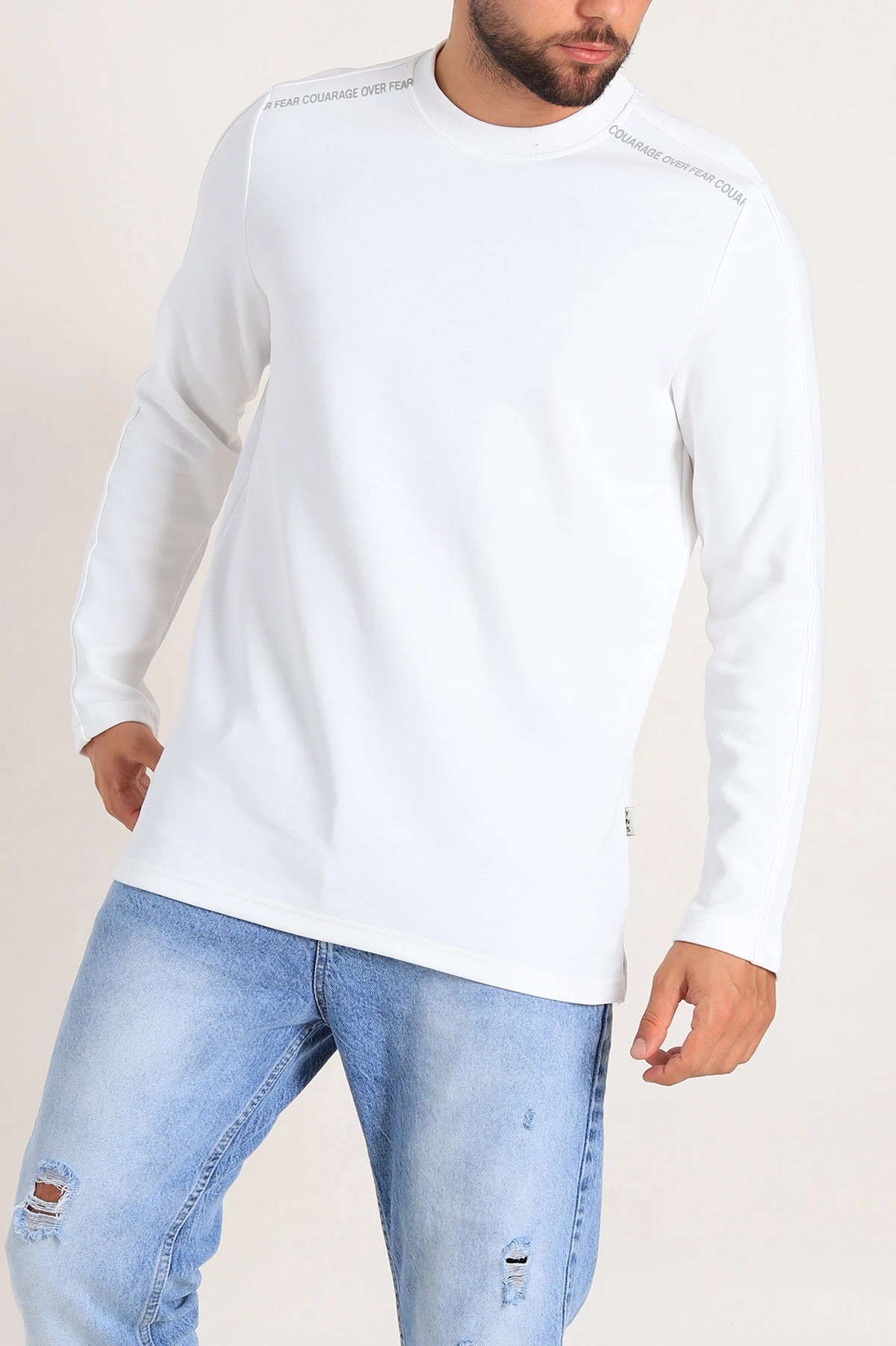 Beyaz Regular Fit Baskı Detay Erkek Basic Sweatshirt 305716