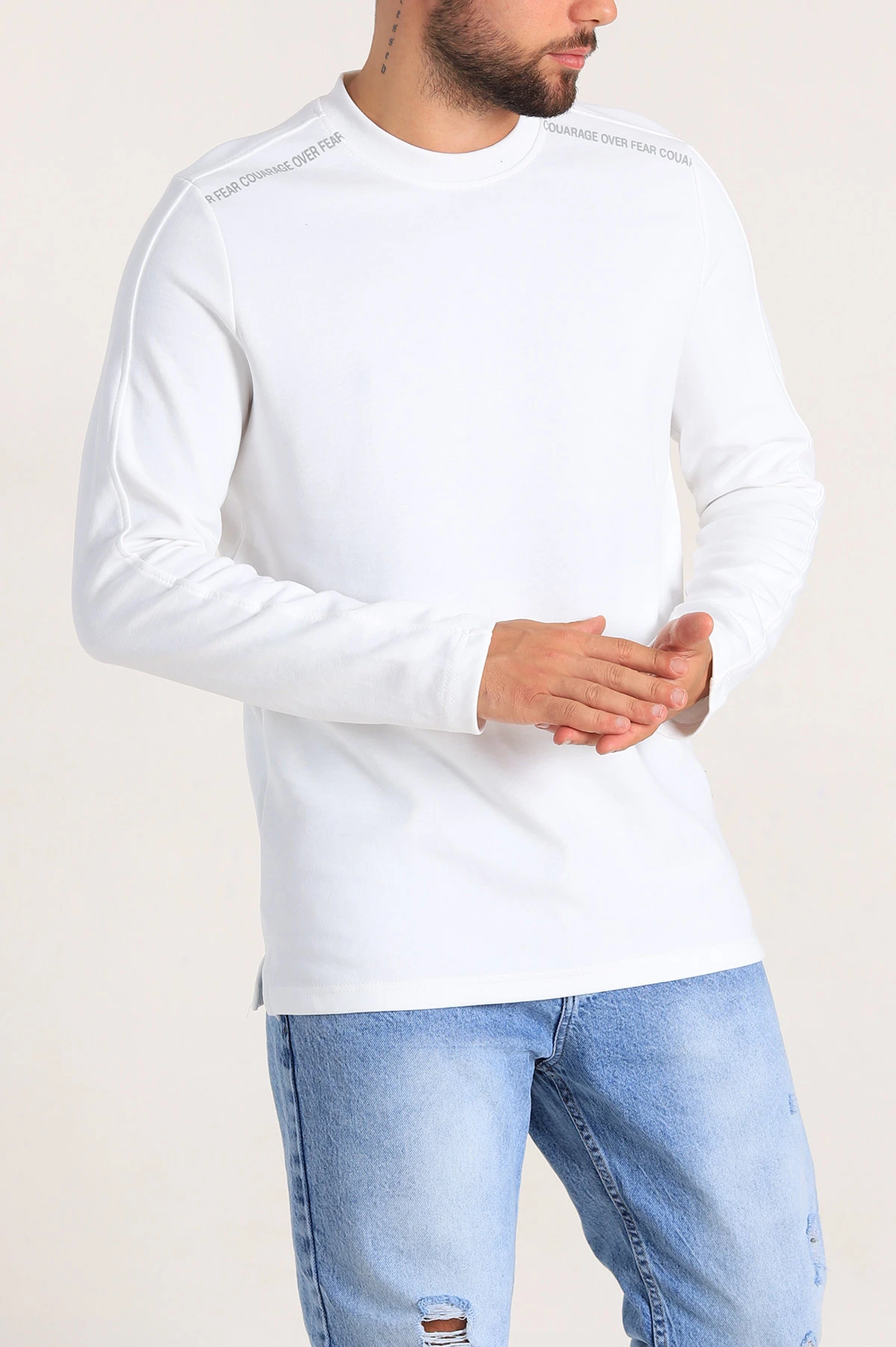 Beyaz Regular Fit Baskı Detay Erkek Basic Sweatshirt 305716